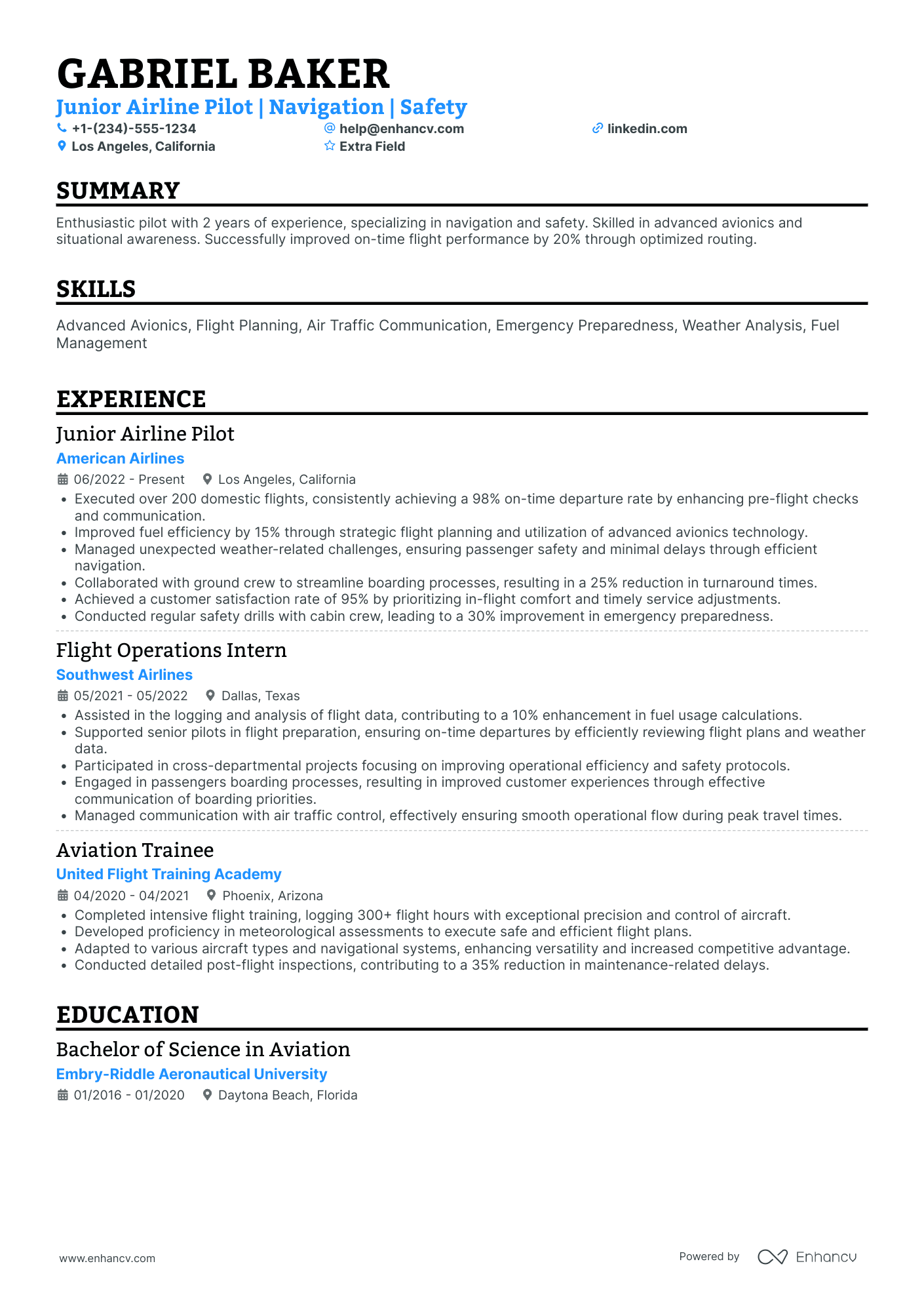 Junior Airline Pilot Resume Example