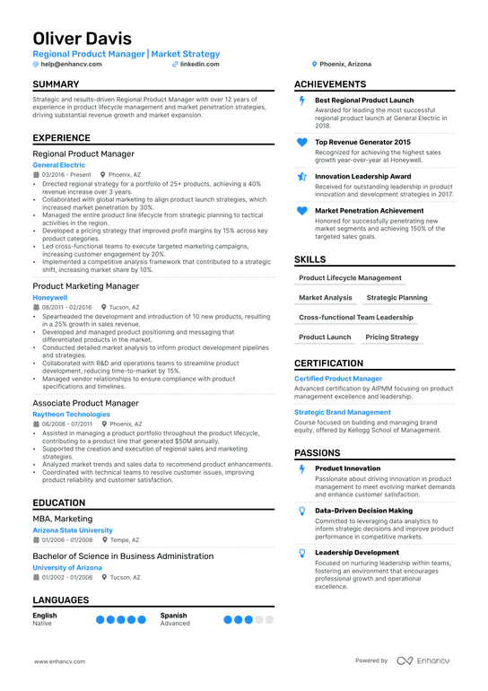 Regional Product Manager Resume Example