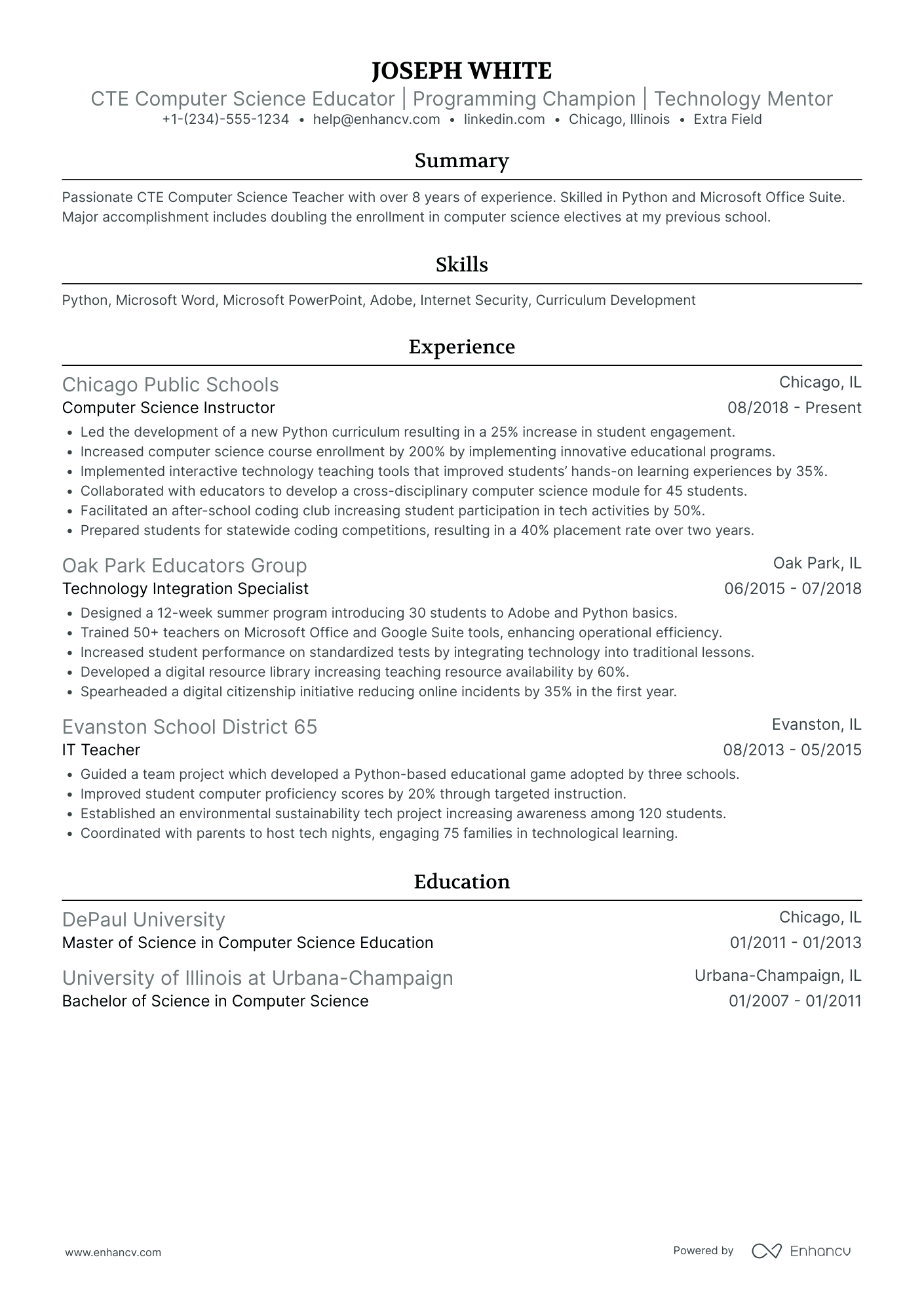 Computer Science Department Head Resume Example