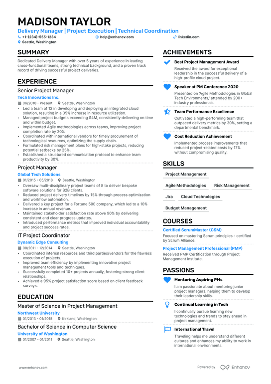 Delivery Manager Resume Example