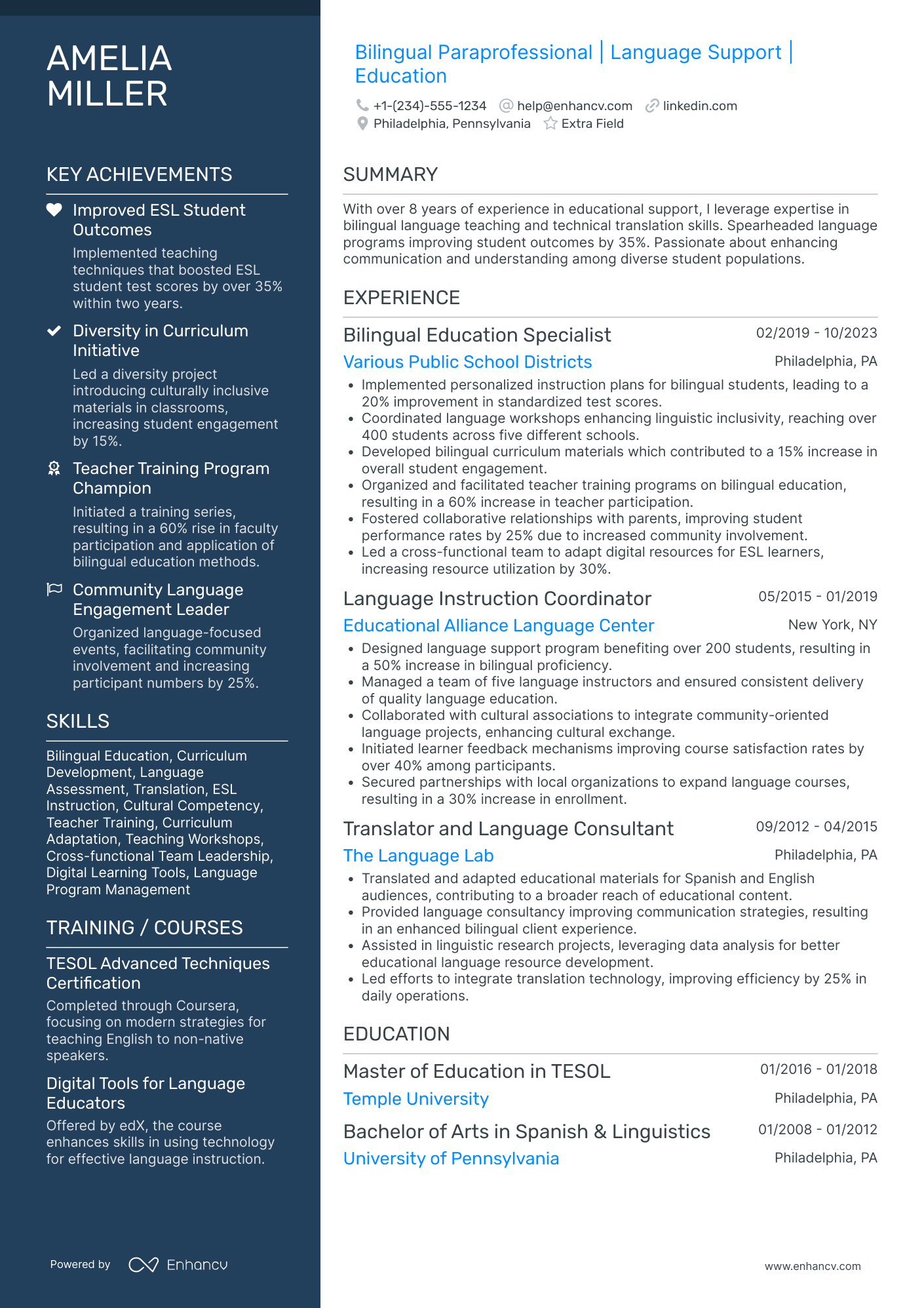 Bilingual Paraprofessional Resume Example