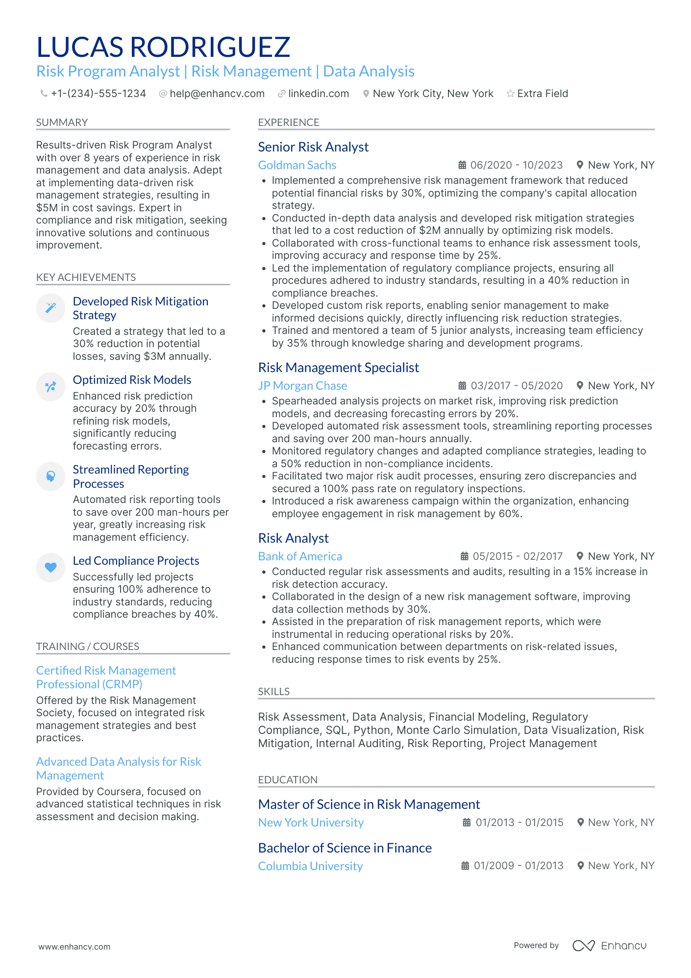 Risk Program Analyst Resume Example