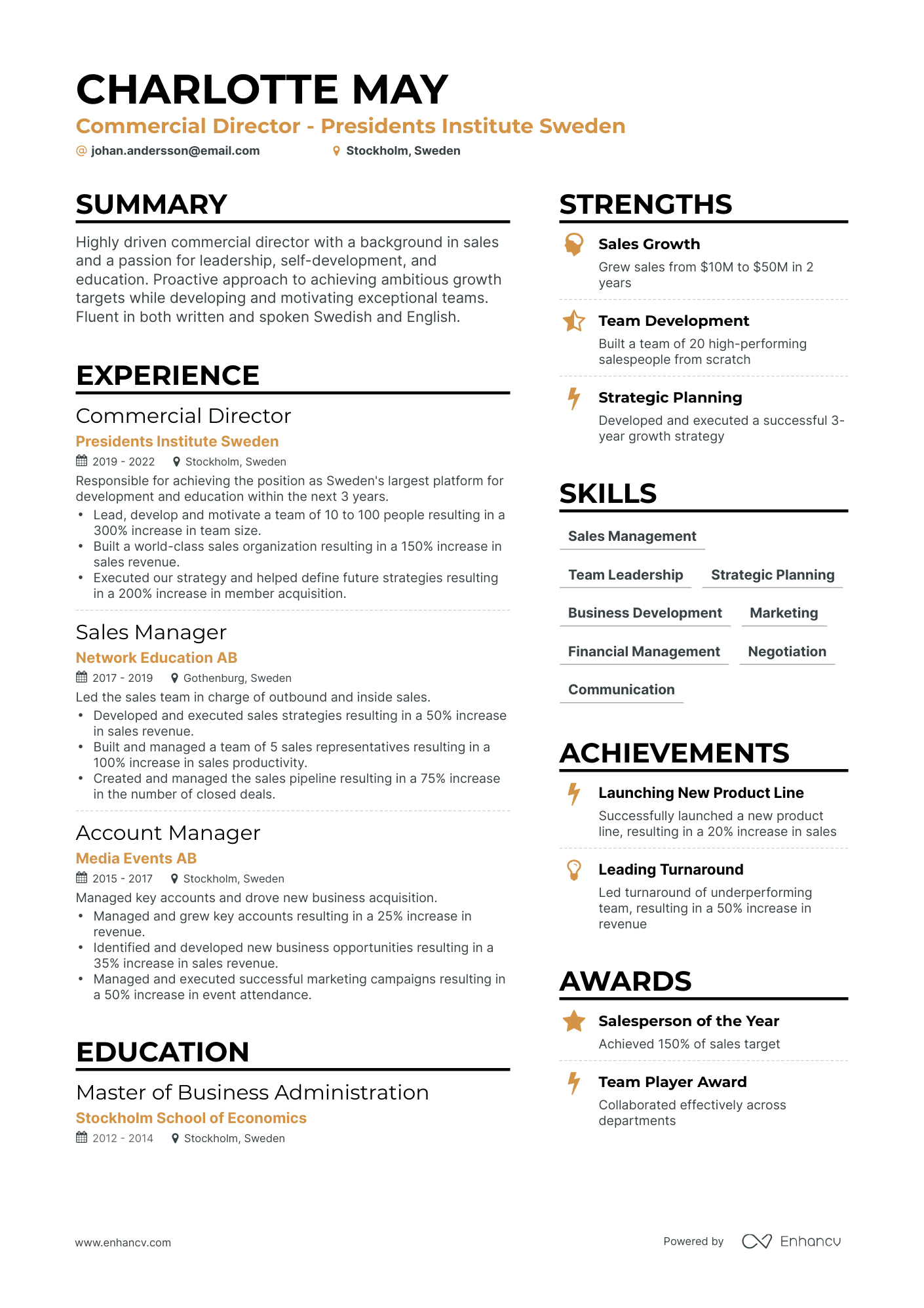 Commercial Director Resume Example