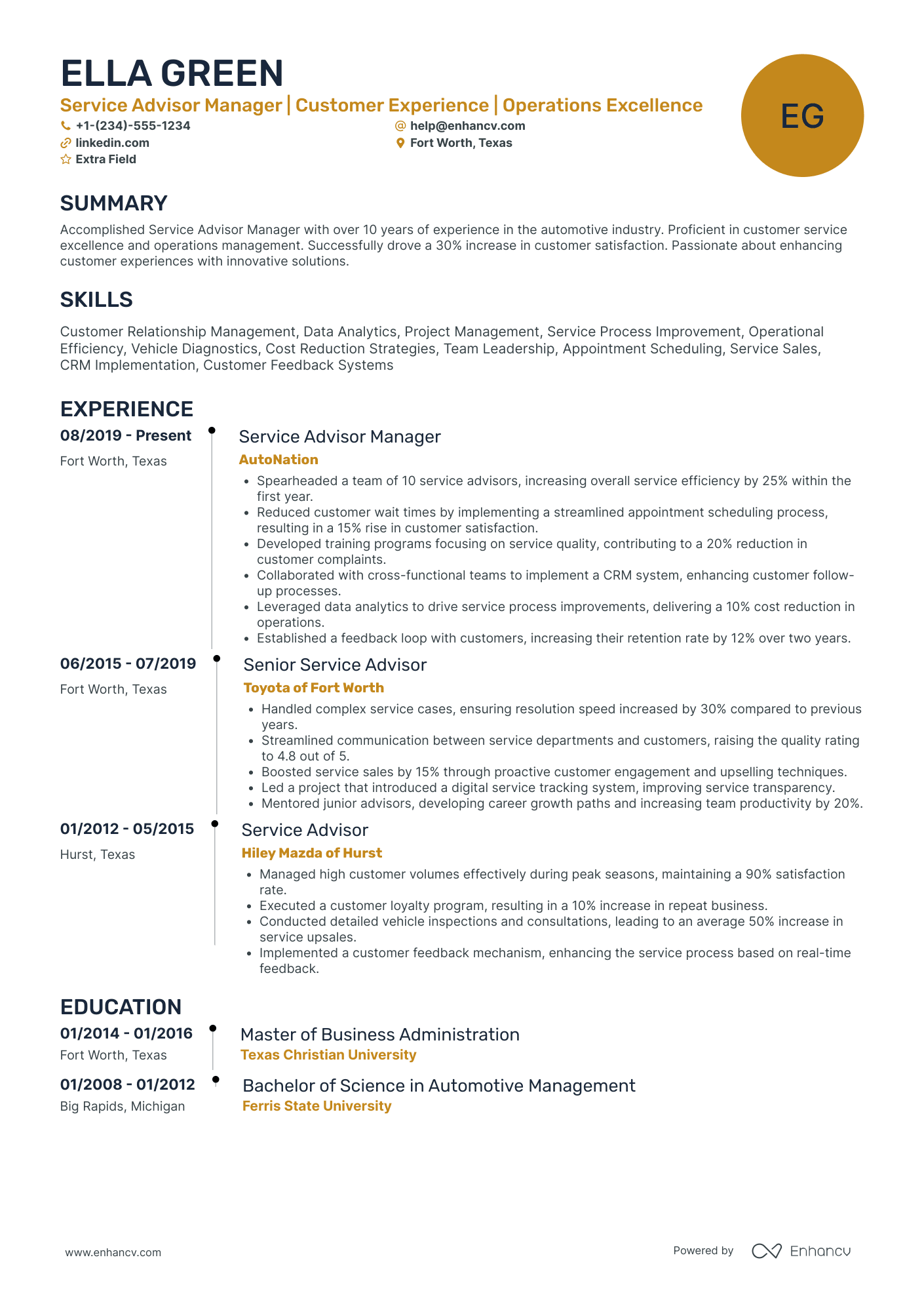 Service Advisor Manager Resume Example