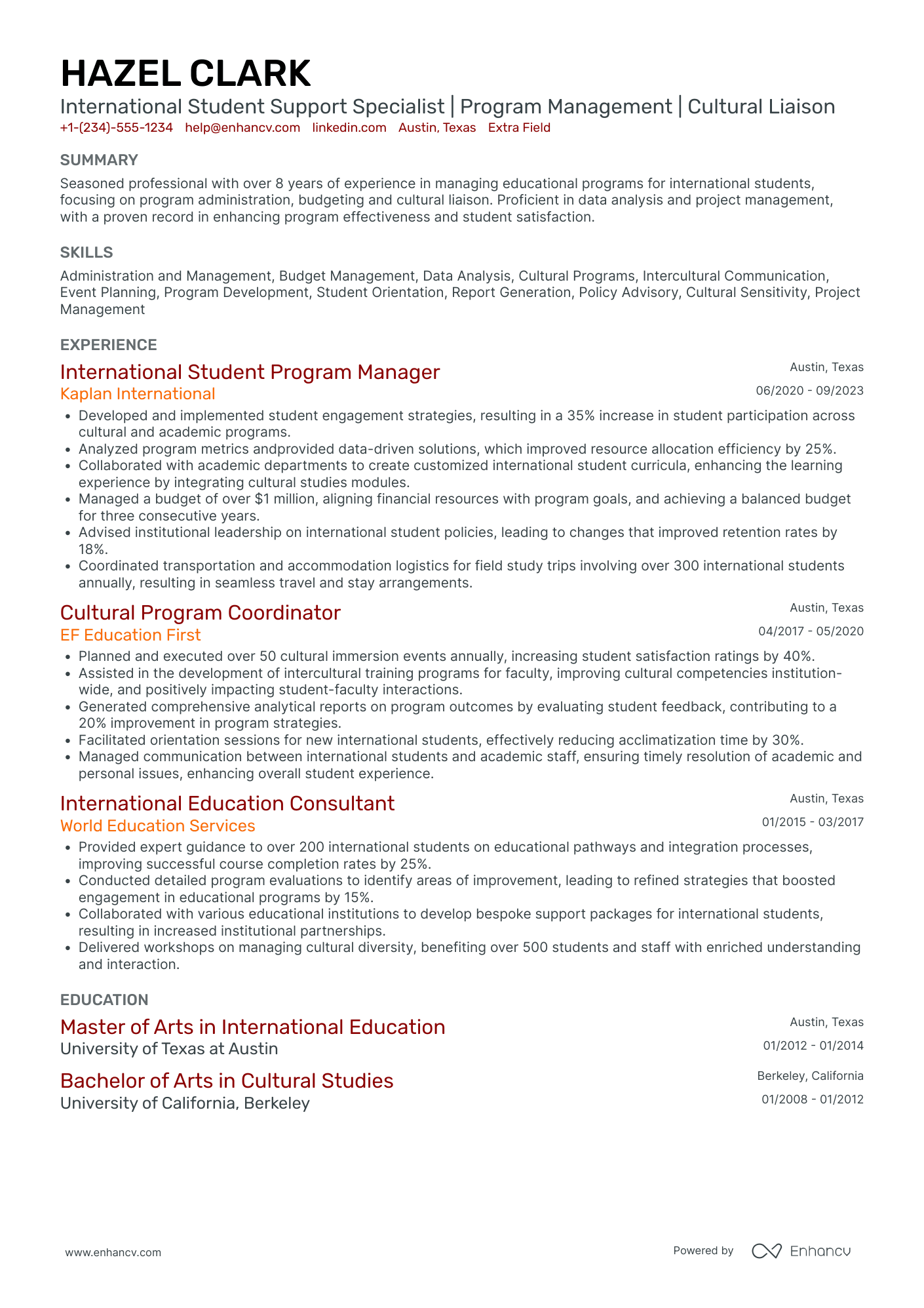 International Tour Manager Resume Example