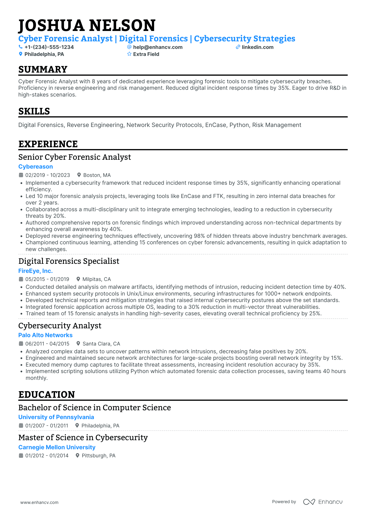 Cyber Security Forensic Analyst Resume Example