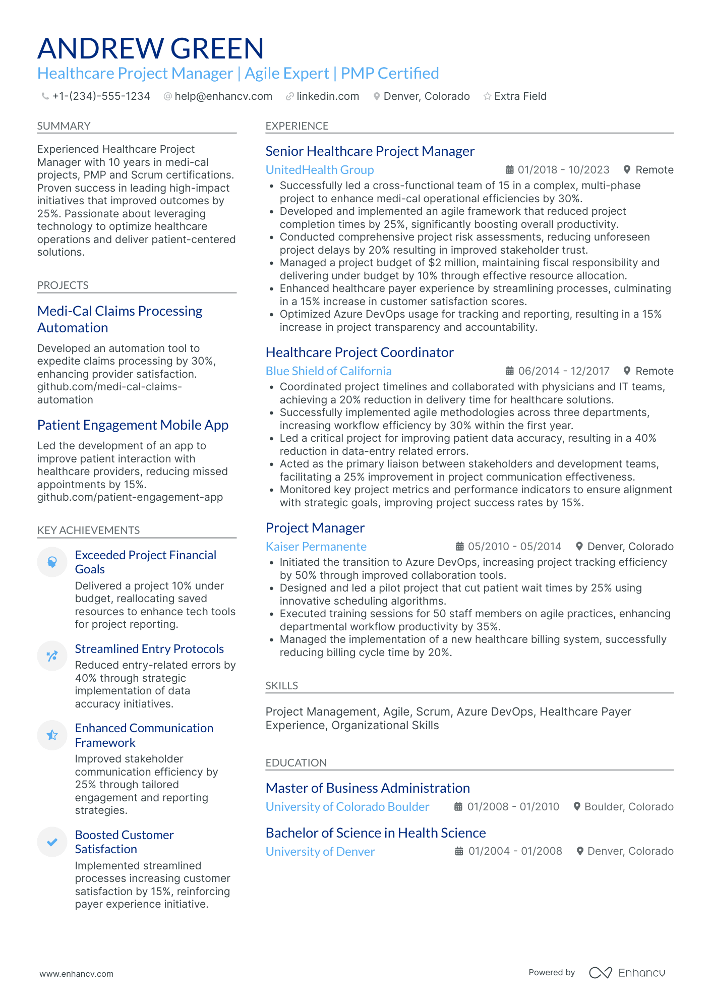 Silicon Valley Healthcare Tech Project Manager Resume Example