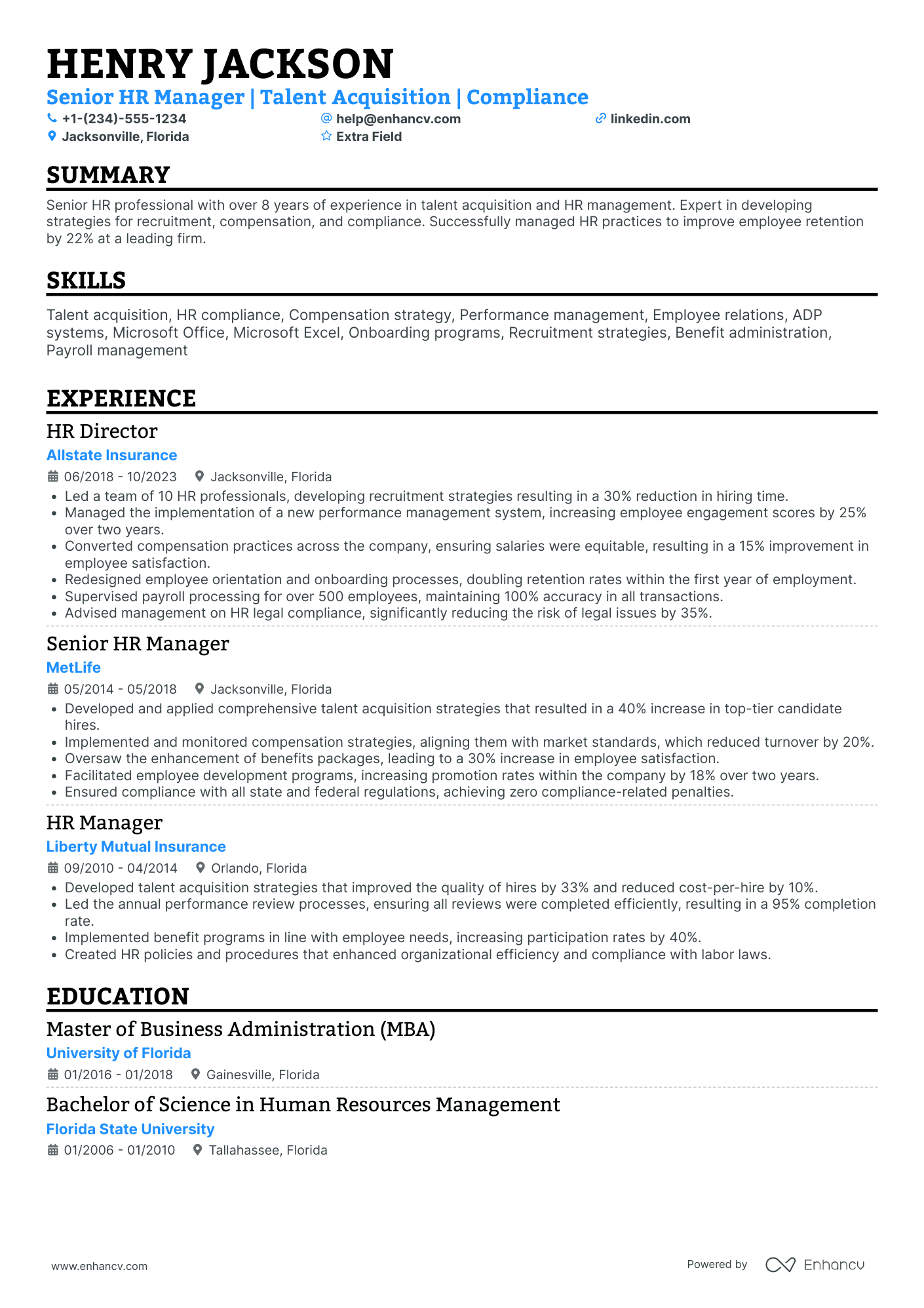 Senior HR Manager Resume Example