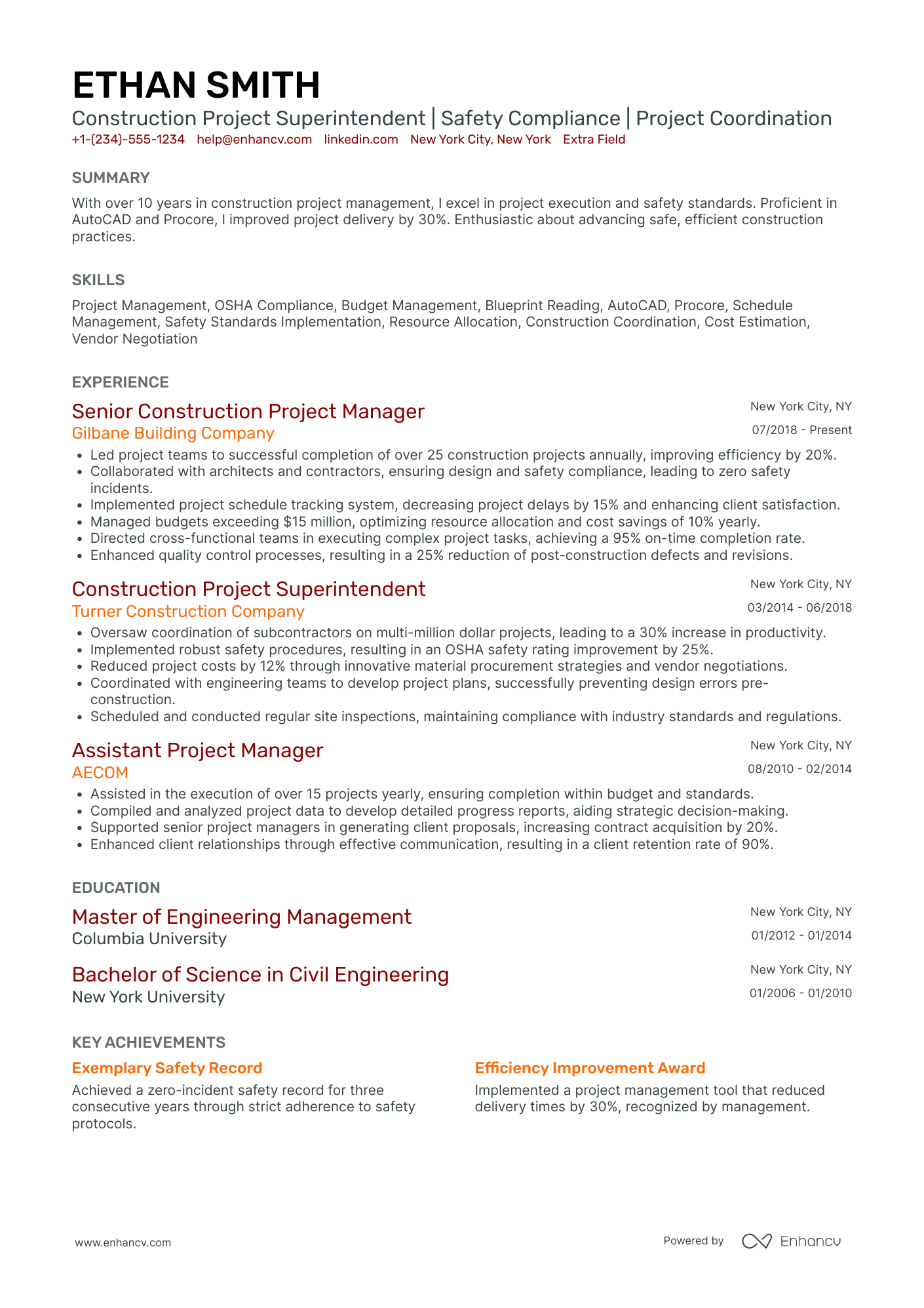 Project Construction Superintendent Resume Example