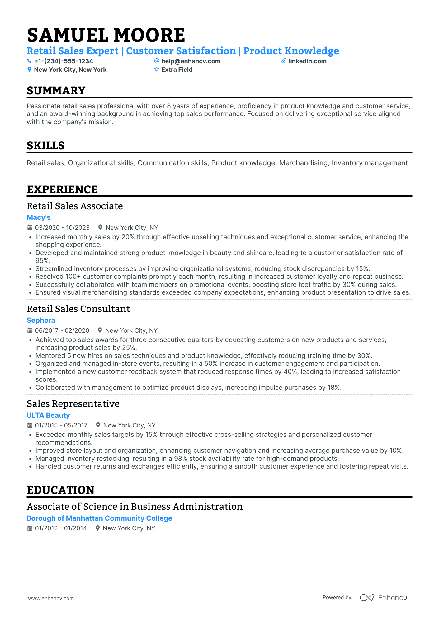 Esthetician Sales Representative Resume Example