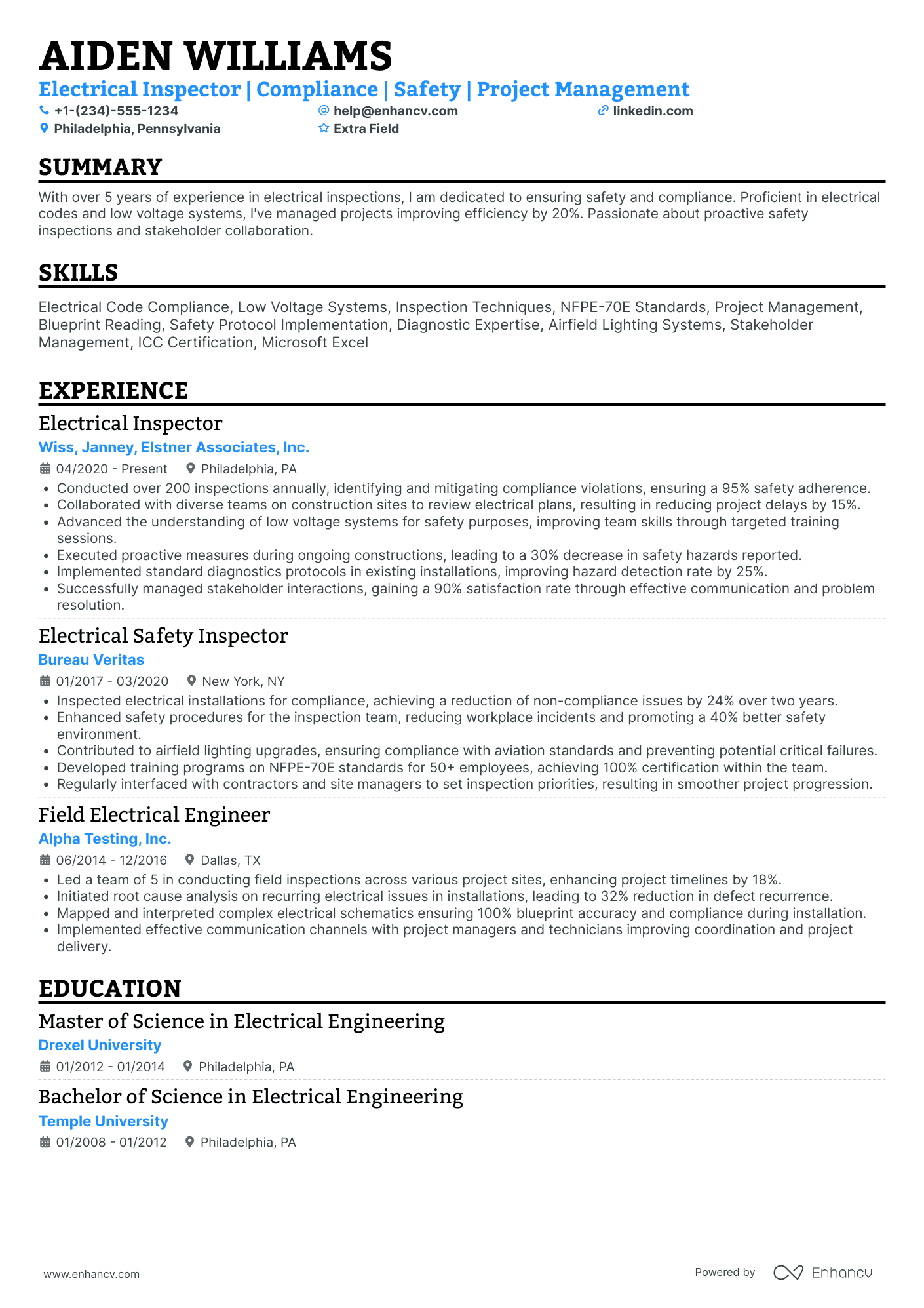 Electrical Inspector Resume Example