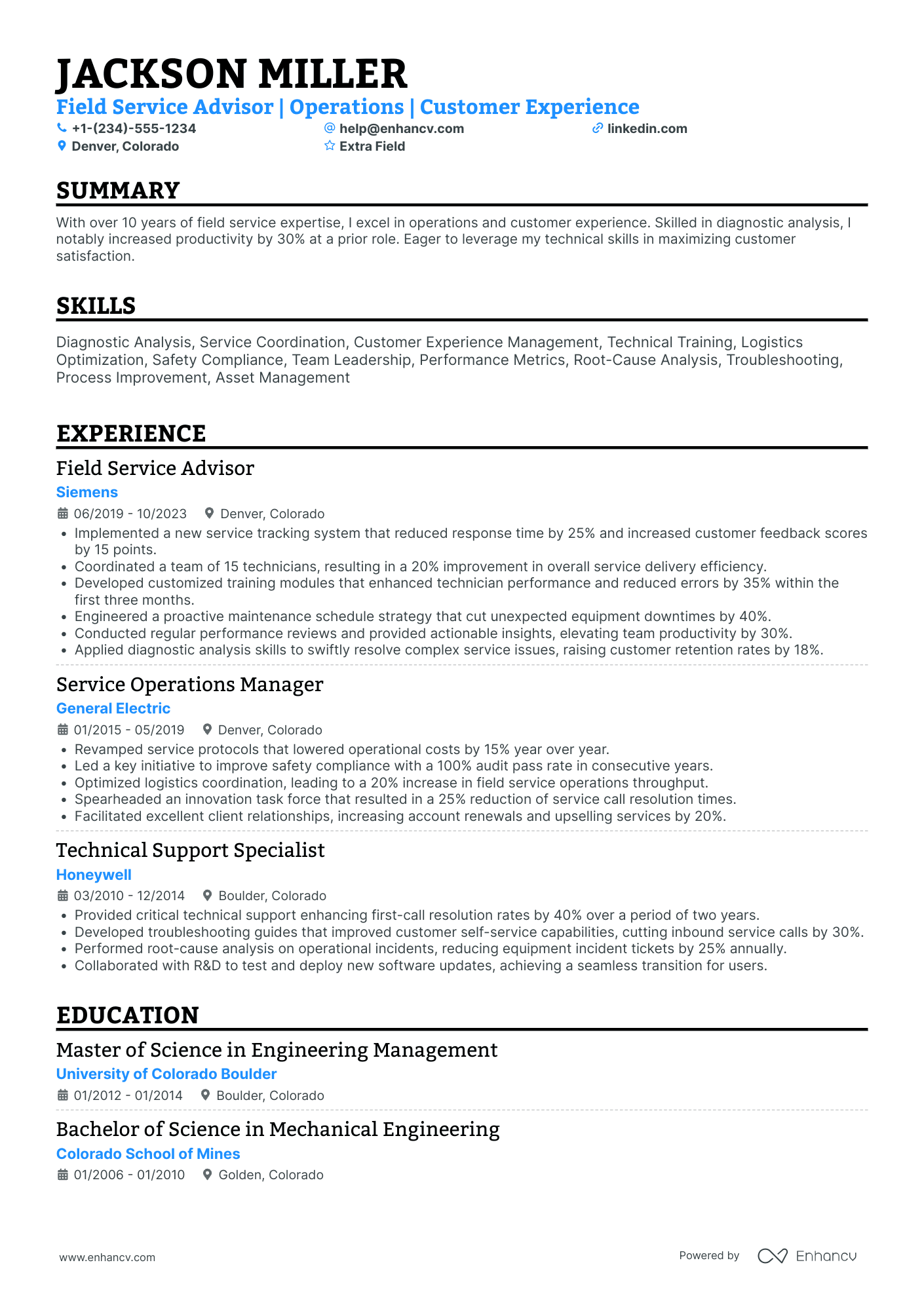 Field Service Advisor Resume Example