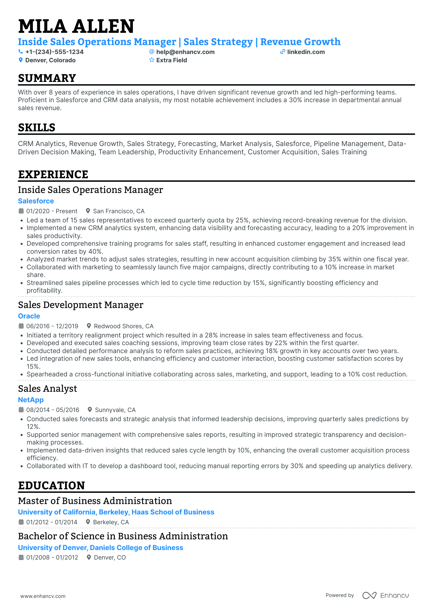 Inside Sales Operations Manager Resume Example