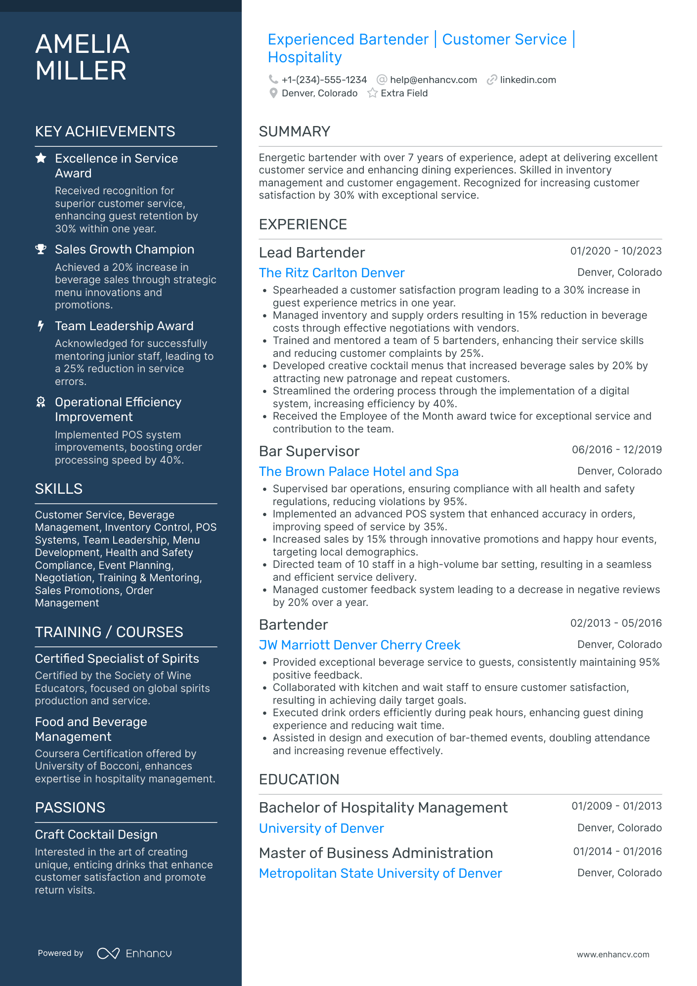 Senior Bartender Resume Example