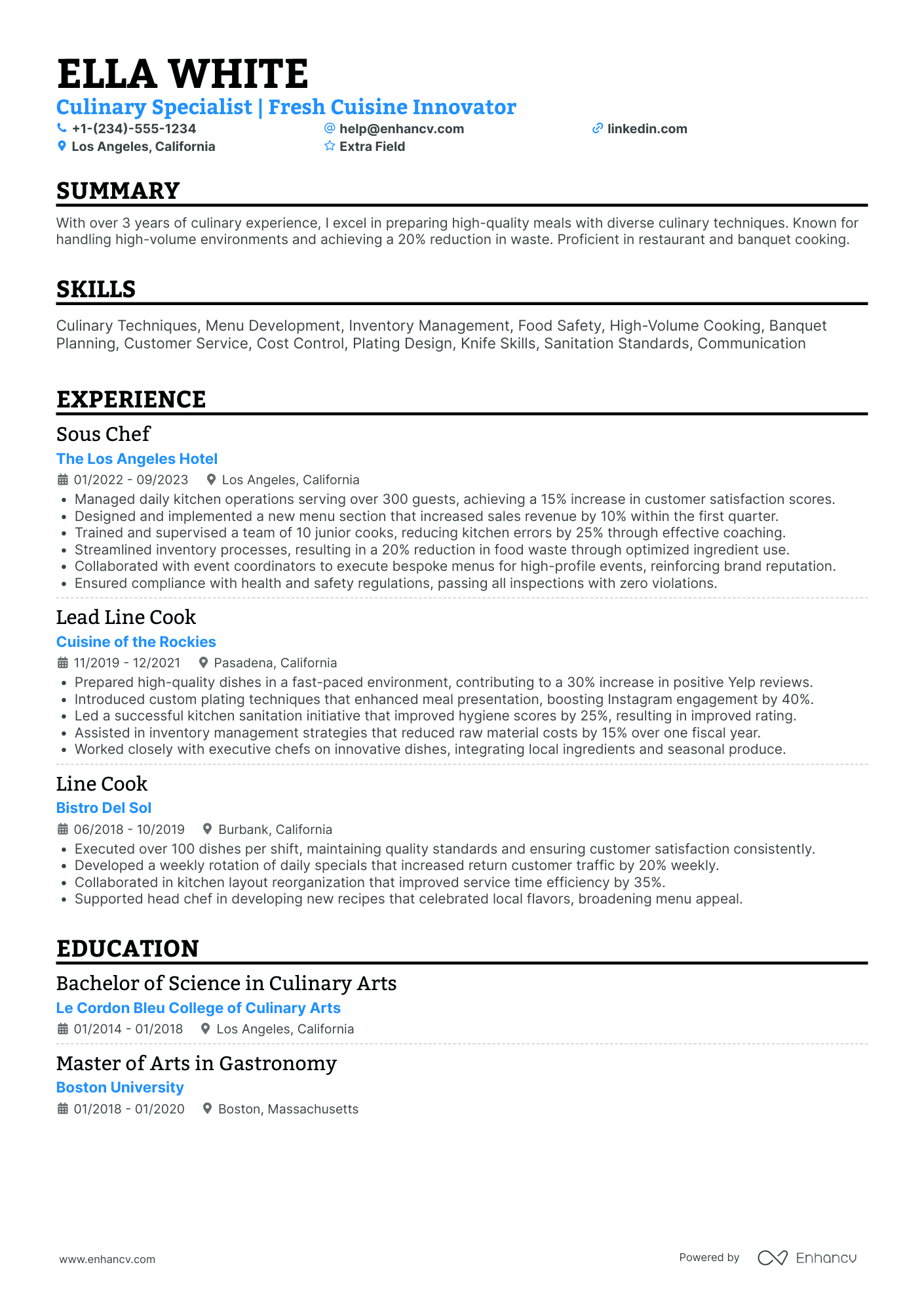 Line Cook Specialist Resume Example