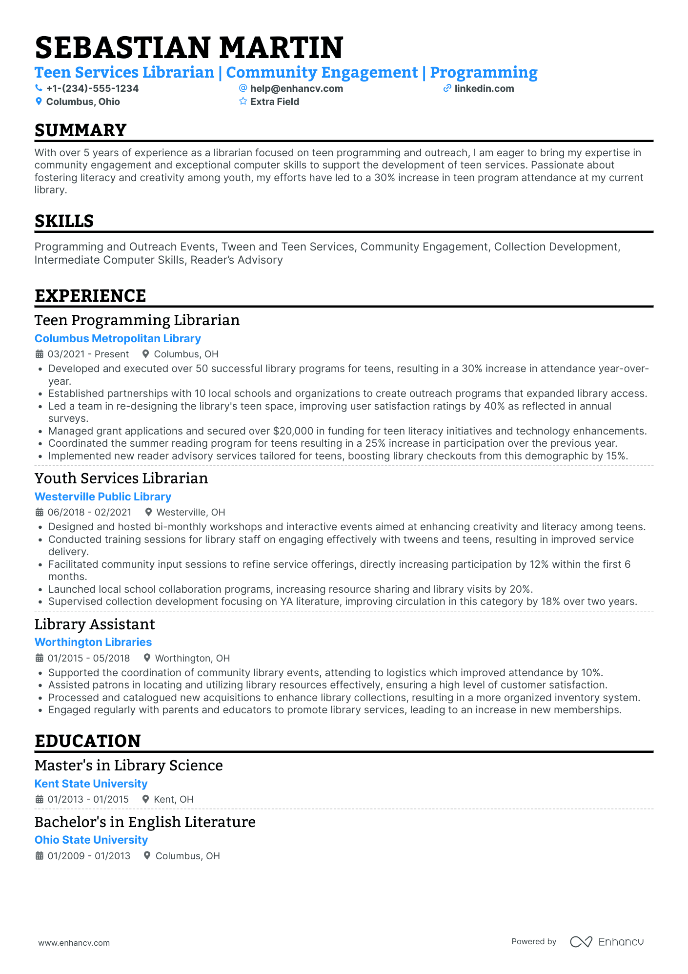 Teen Services Librarian Resume Example