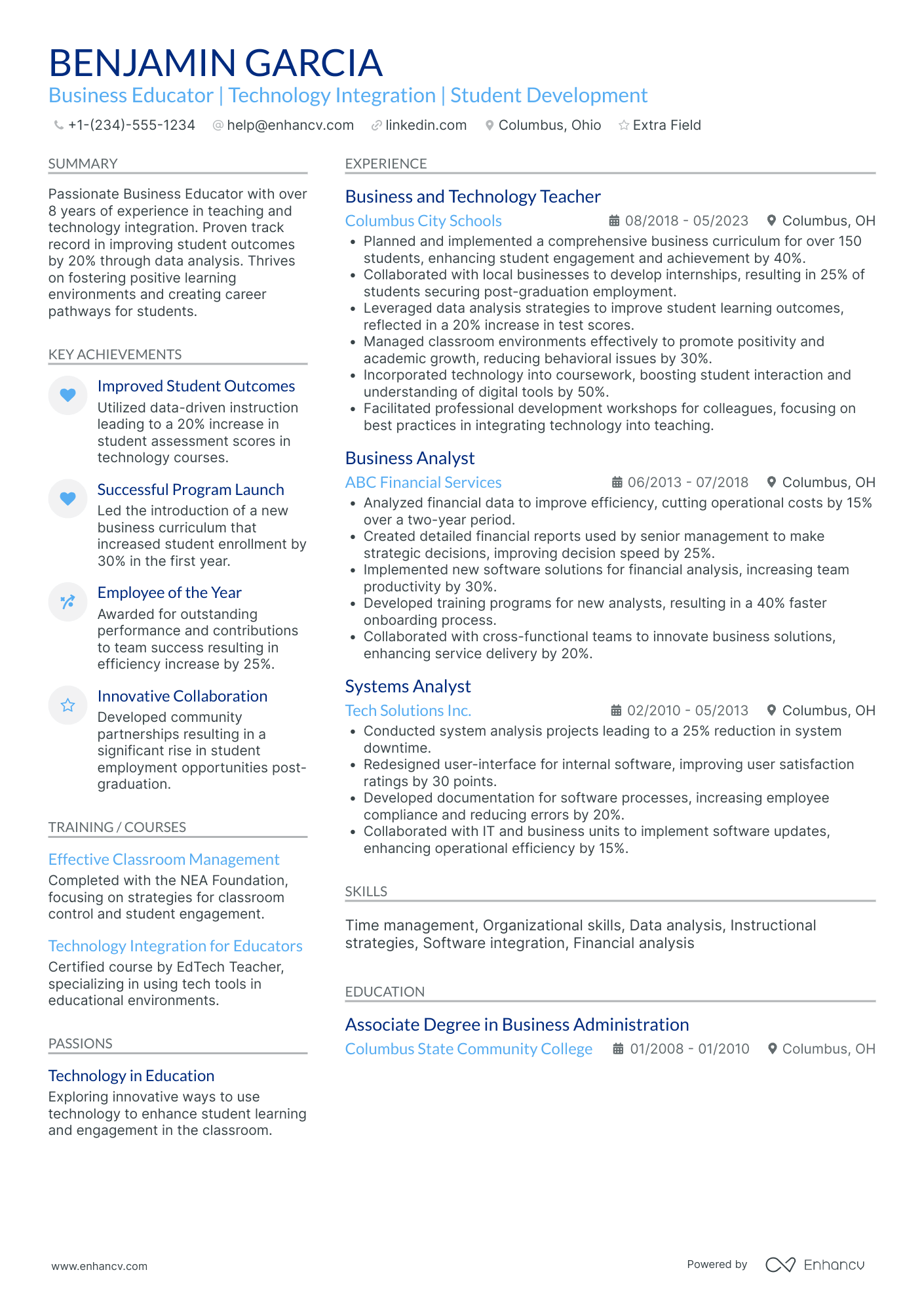 High School Business Education Teacher Resume Example