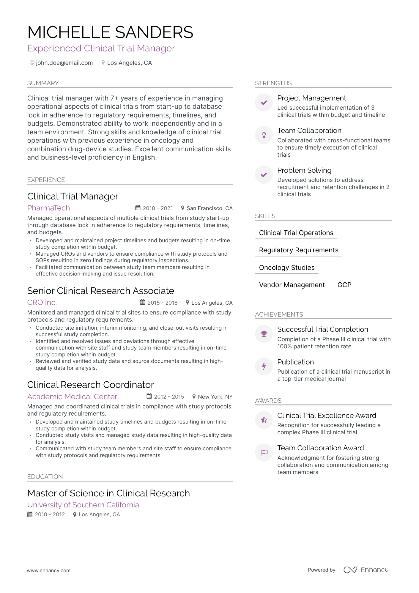 Clinical Trial Manager Resume Example