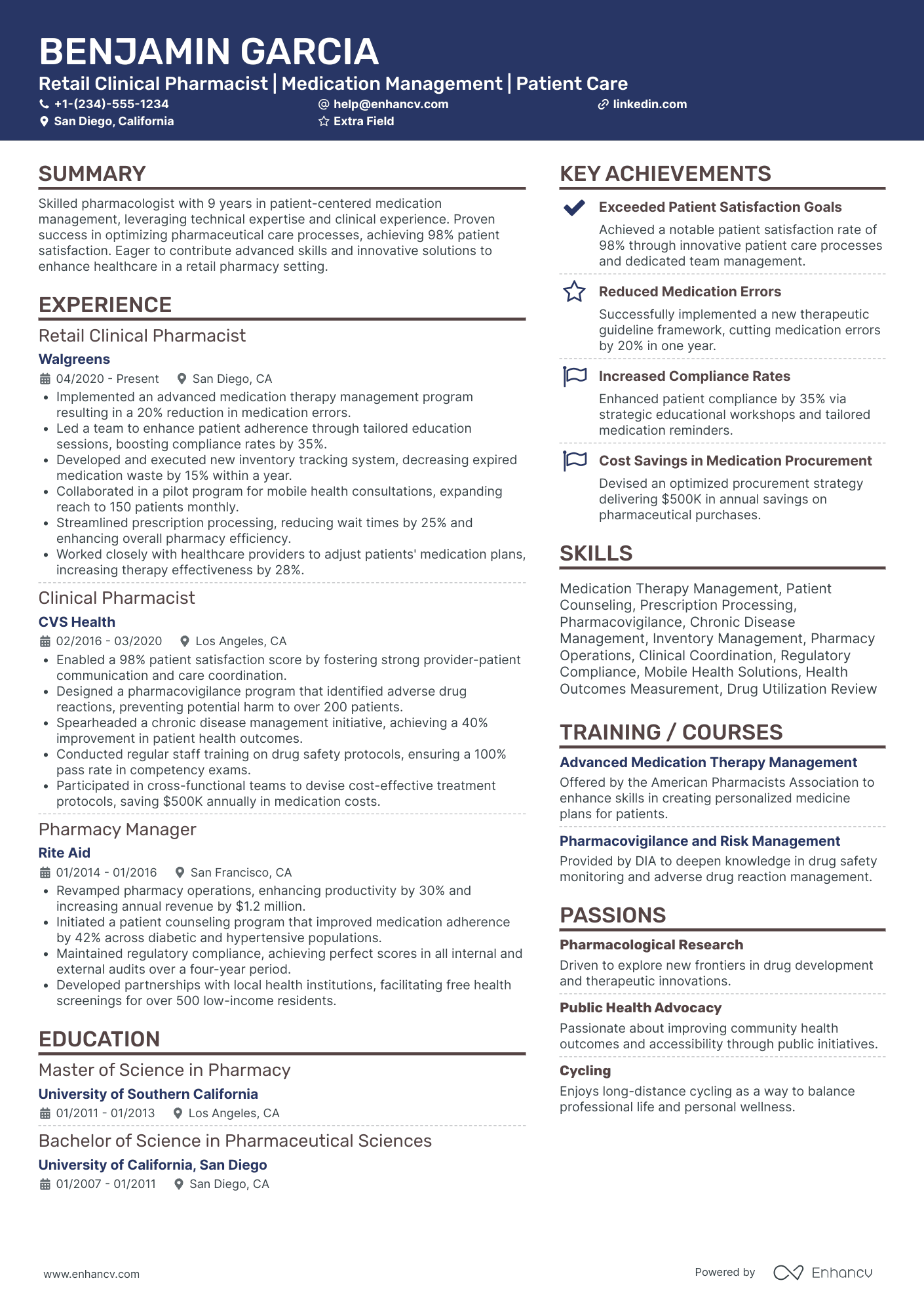 Retail Clinical Pharmacist Resume Example