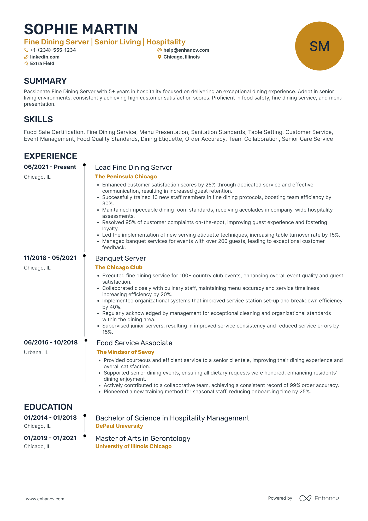 Part Time Fine Dining Server Resume Example