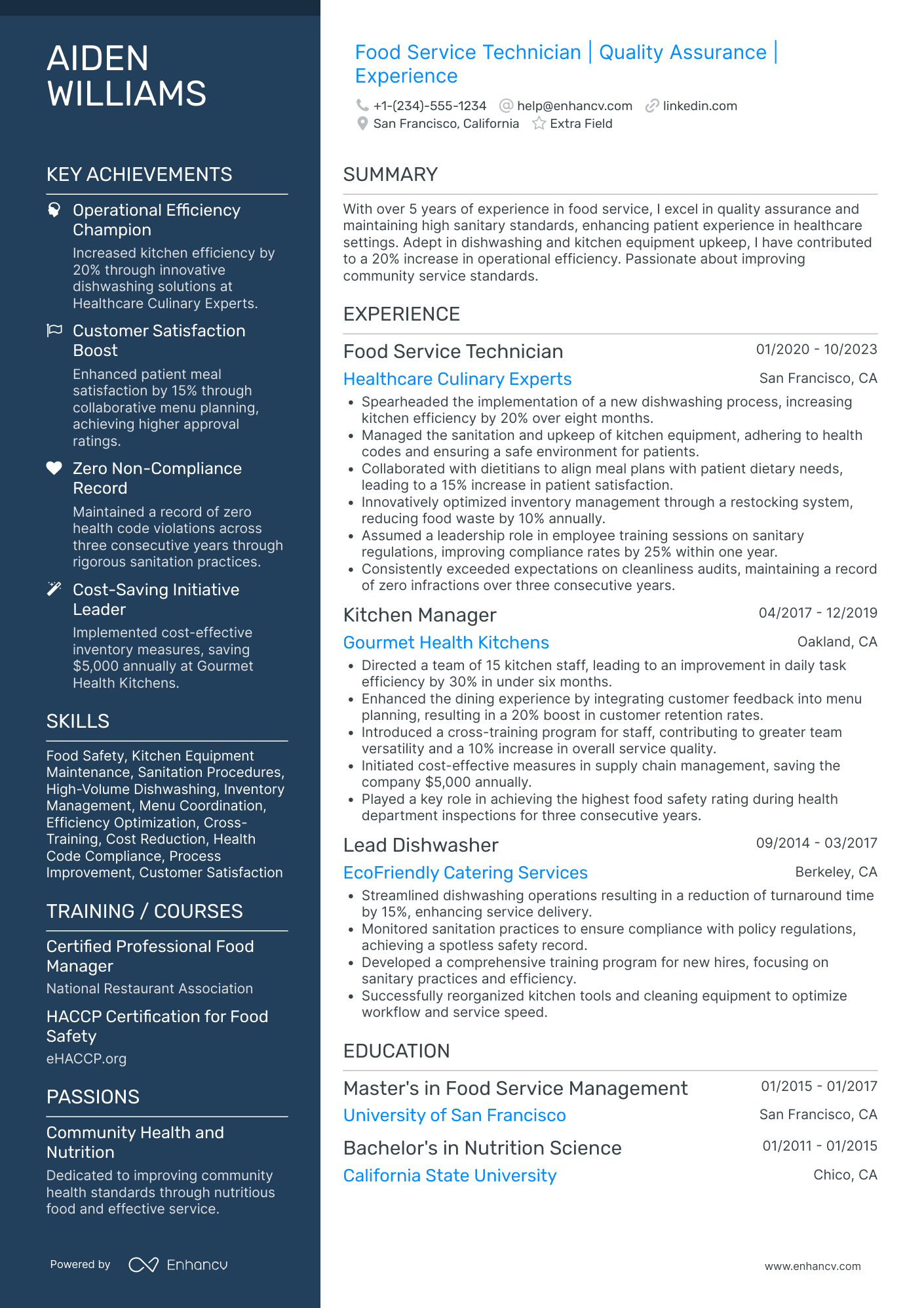 Food Service Equipment Technician Resume Example