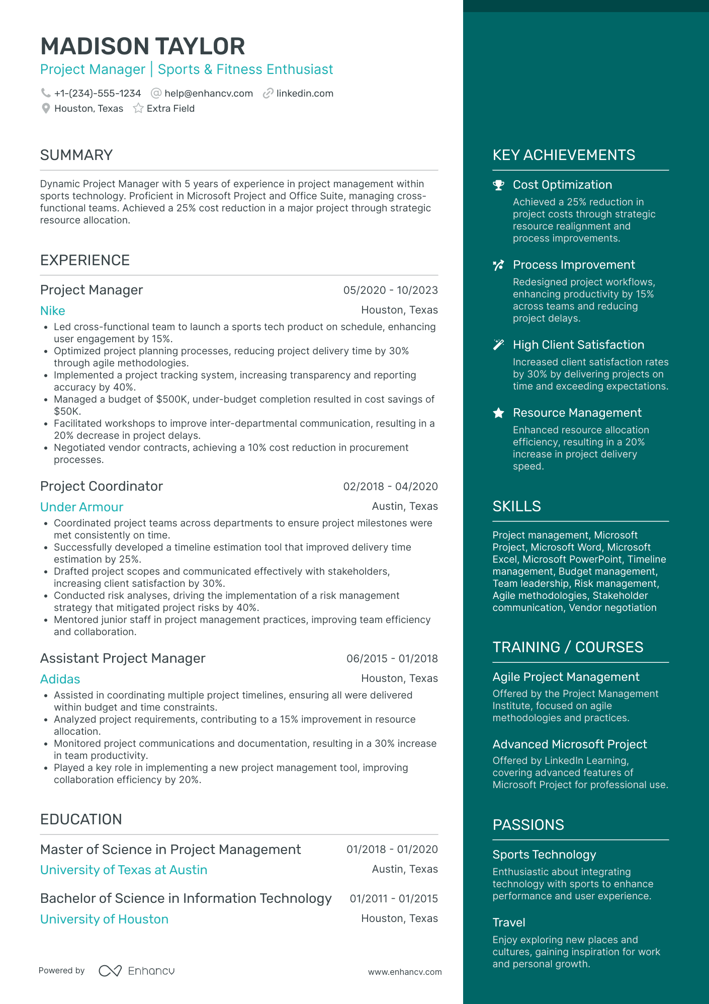 Fitness Project Manager Resume Example