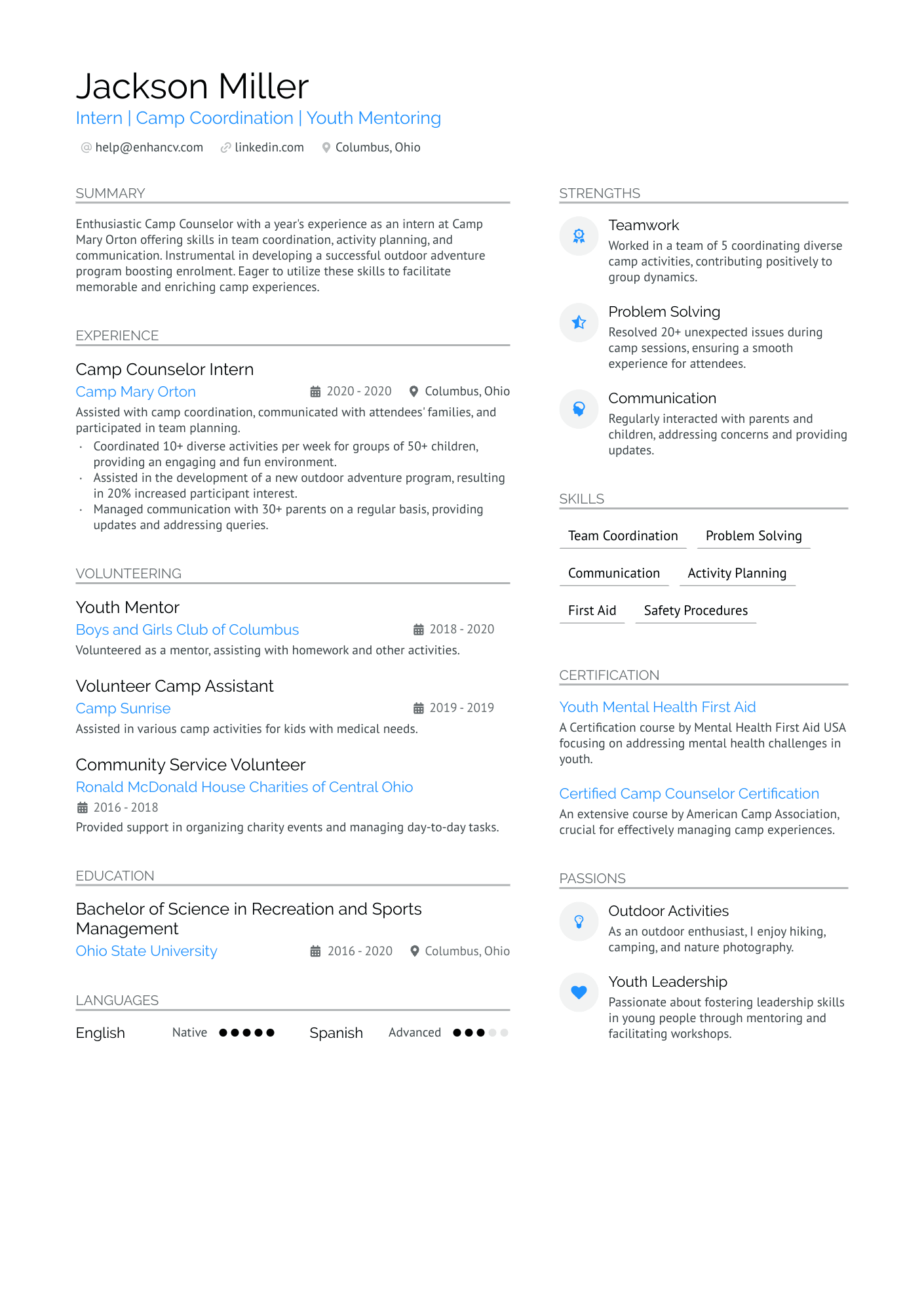 Entry Level Camp Counselor Resume Example