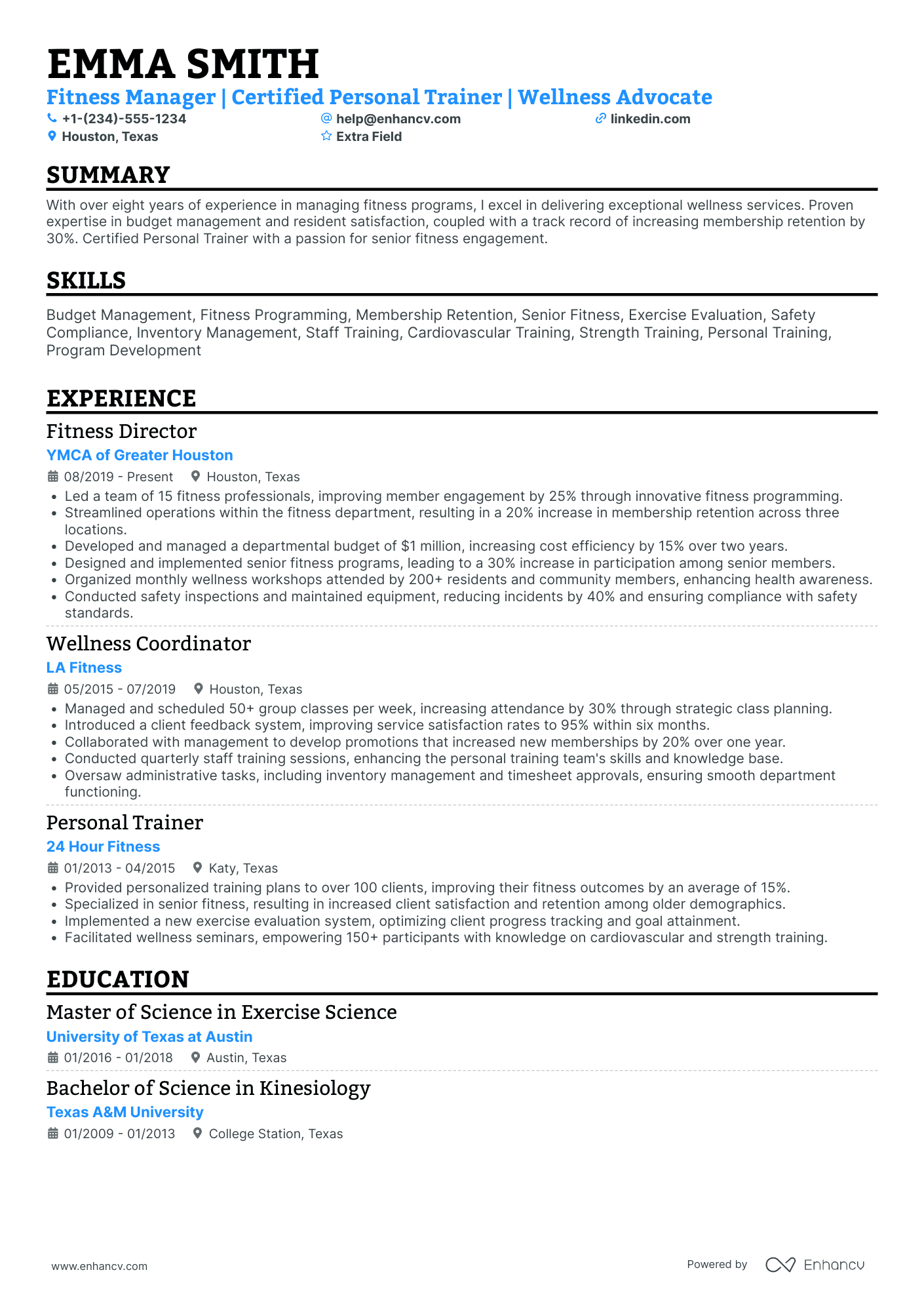 Fitness Department Manager Resume Example