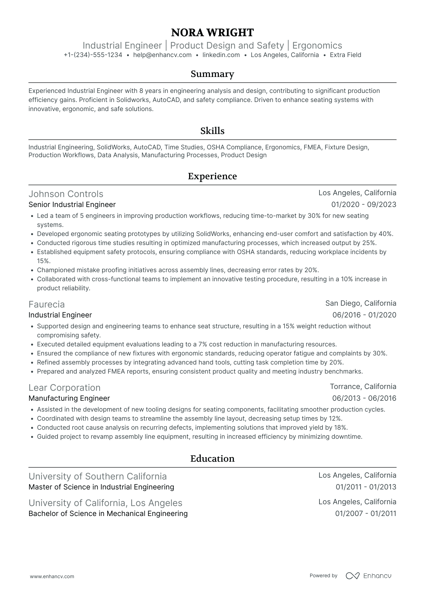 Industrial Engineer I Resume Example