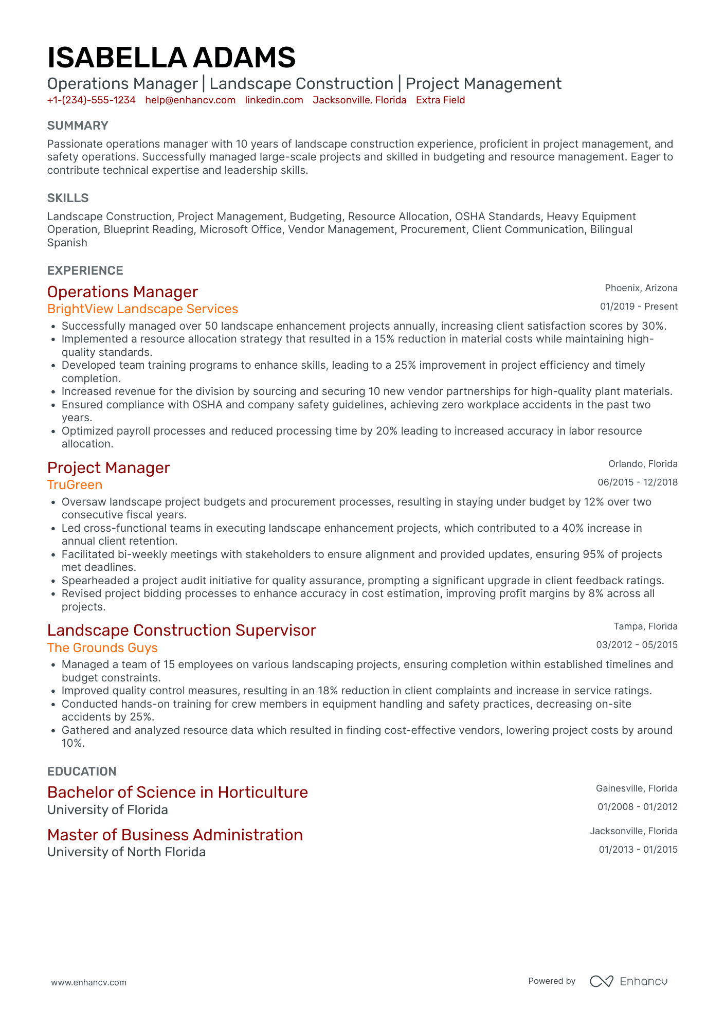 Landscaping Operations Manager Resume Example