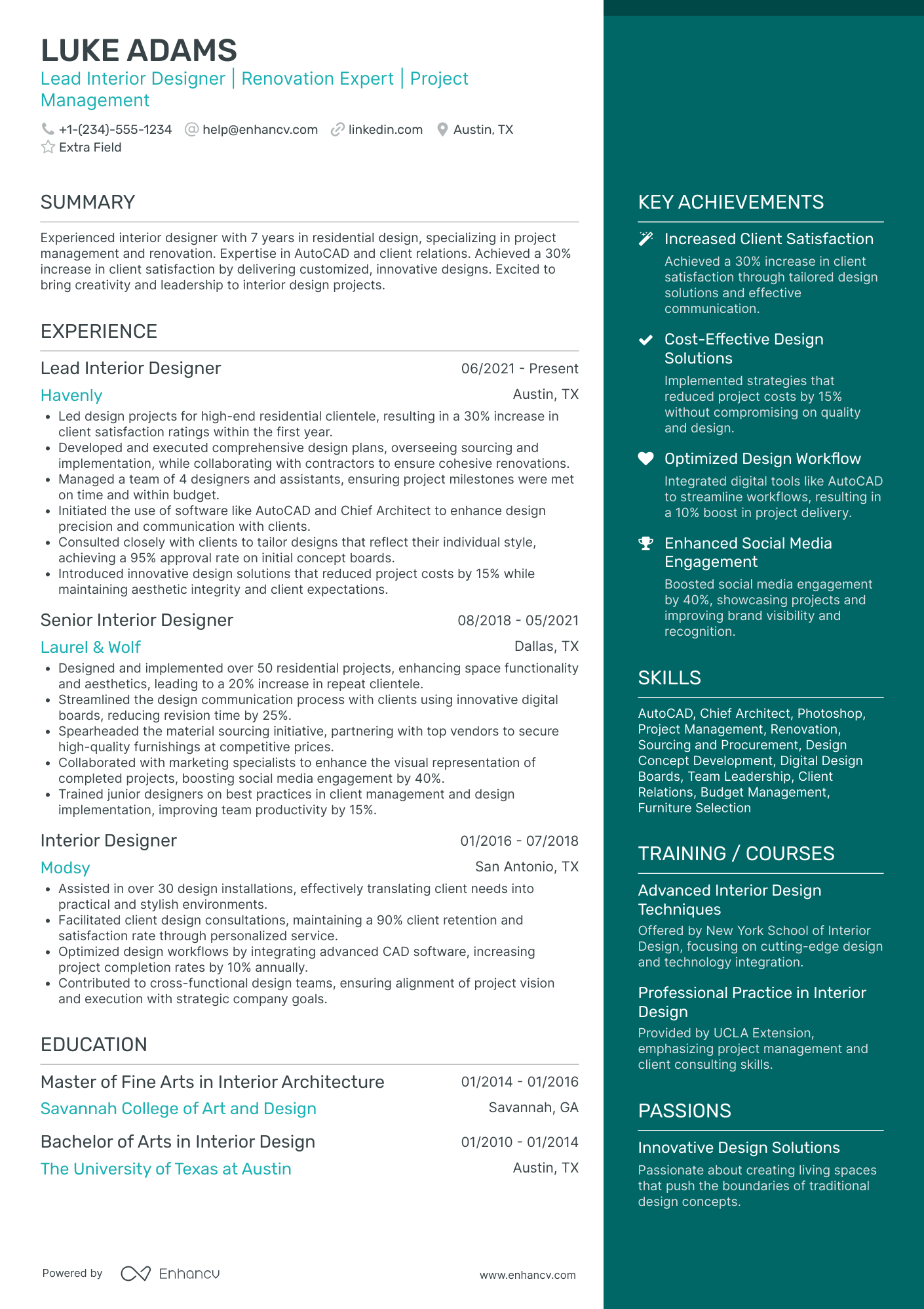 Lead Interior Designer Resume Example