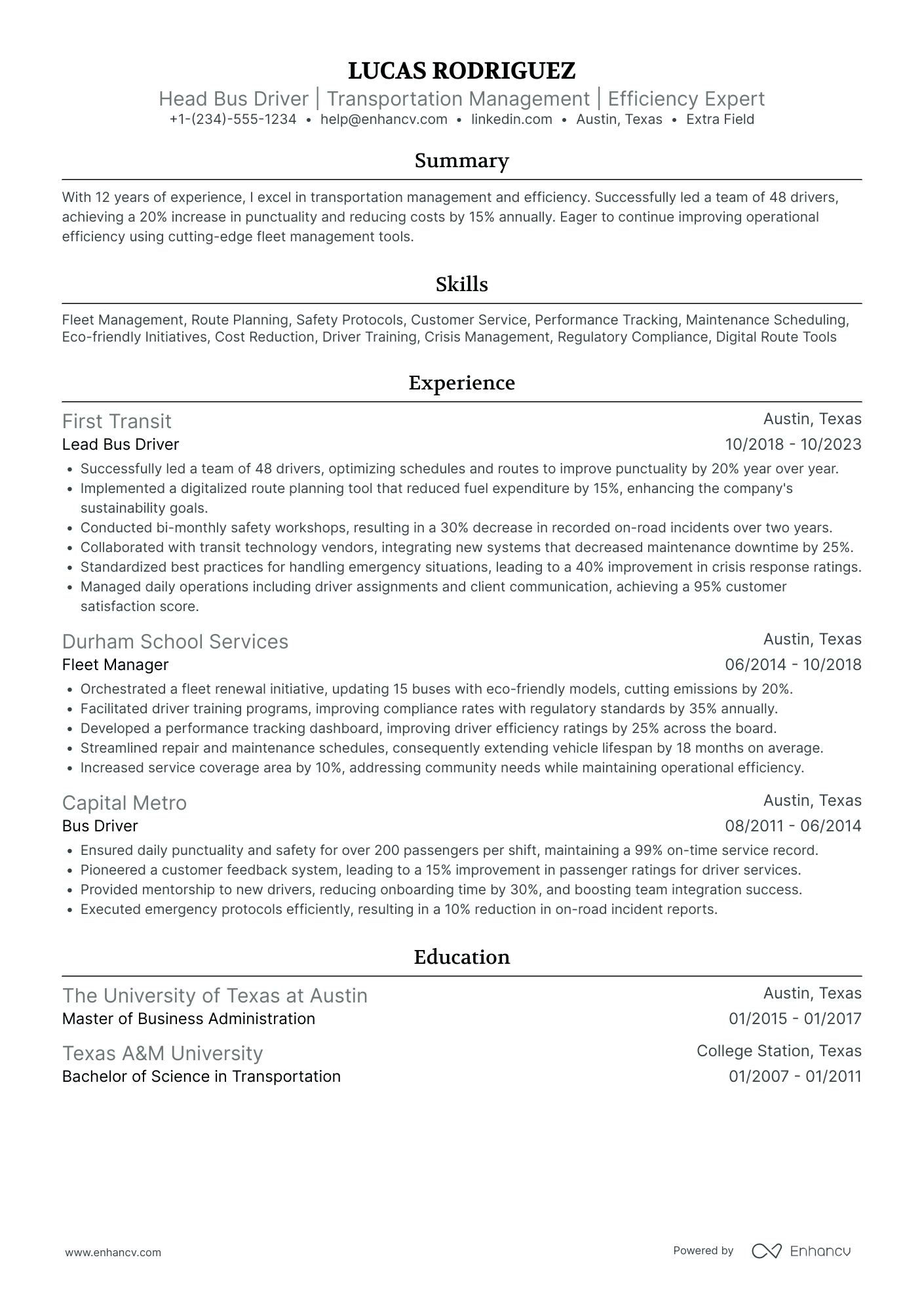 Head Bus Driver Resume Example