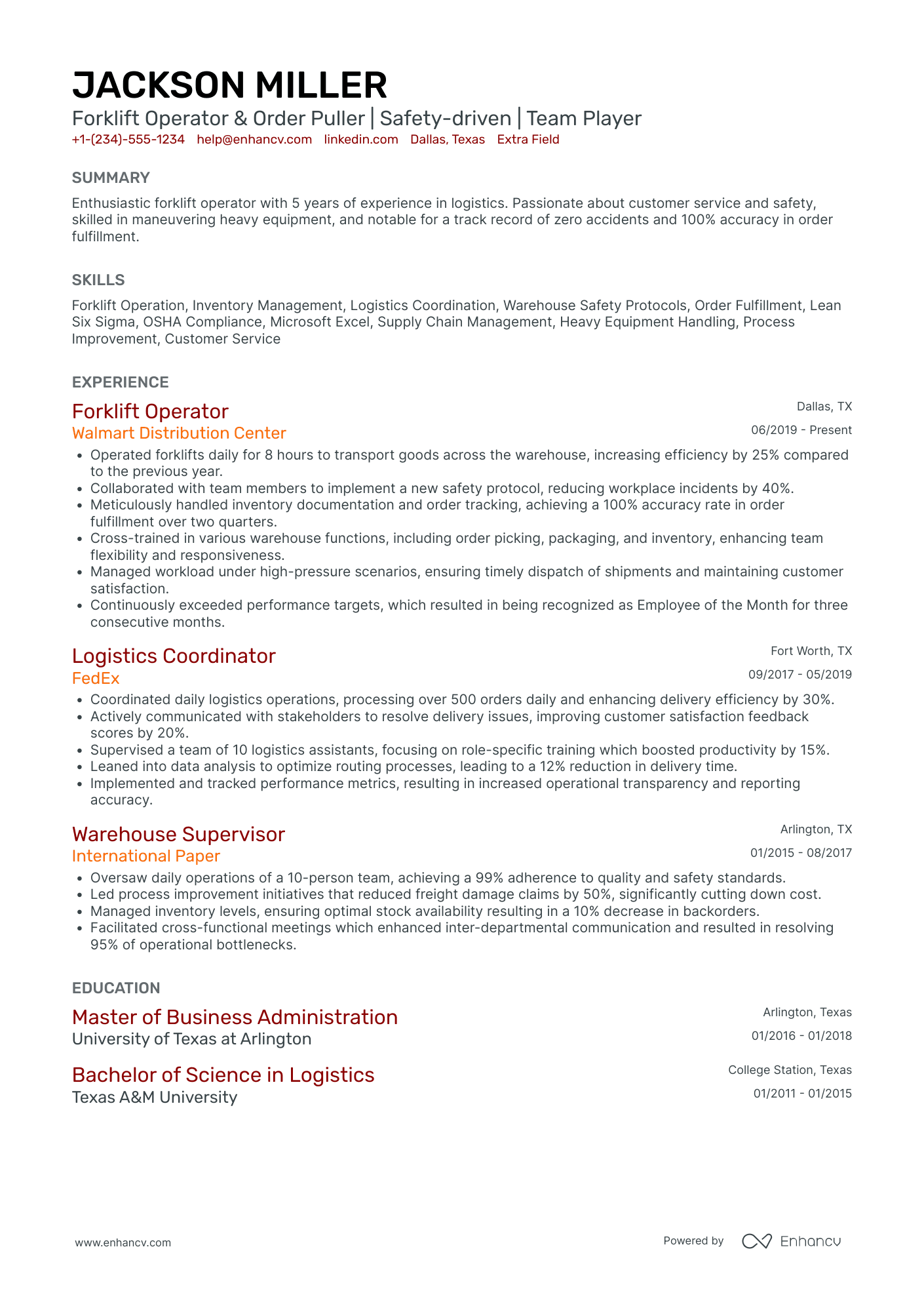 Forklift Operator Trainer Resume Example