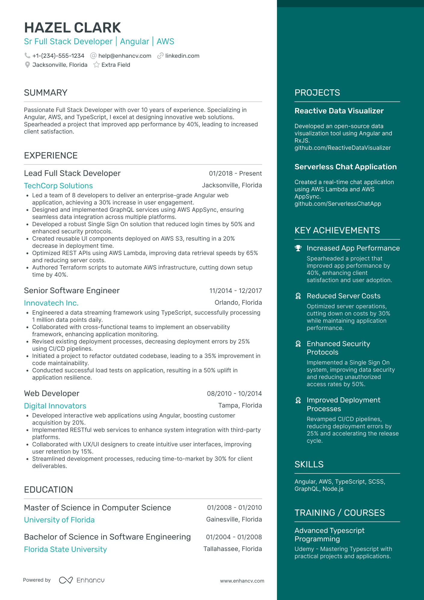 Principal Full Stack Developer Resume Example