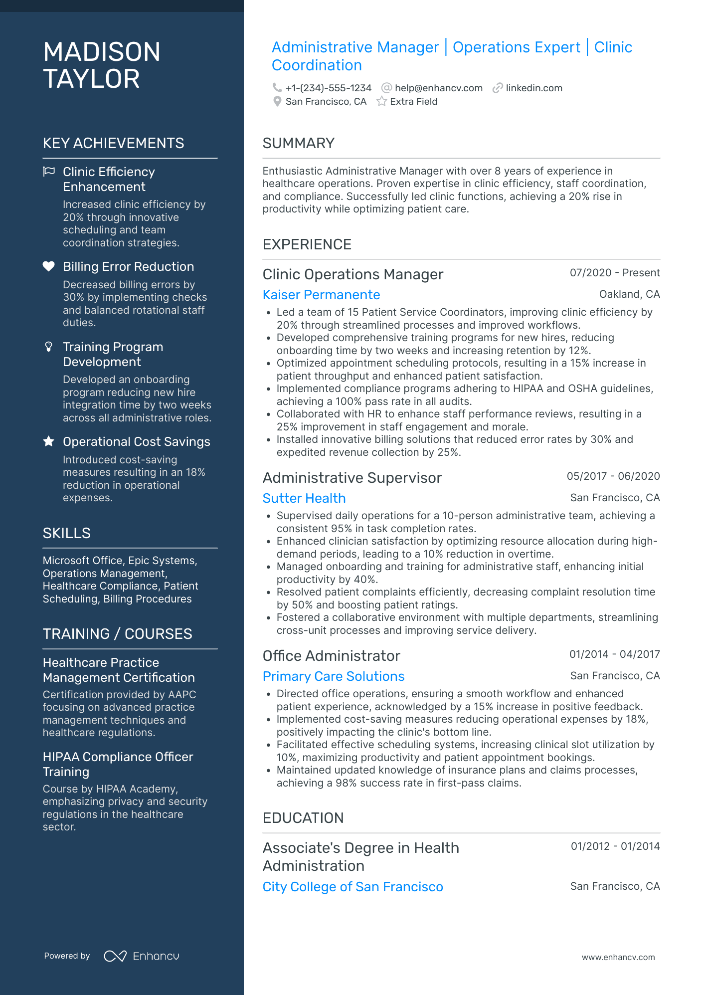 Healthcare Administrative Manager Resume Example