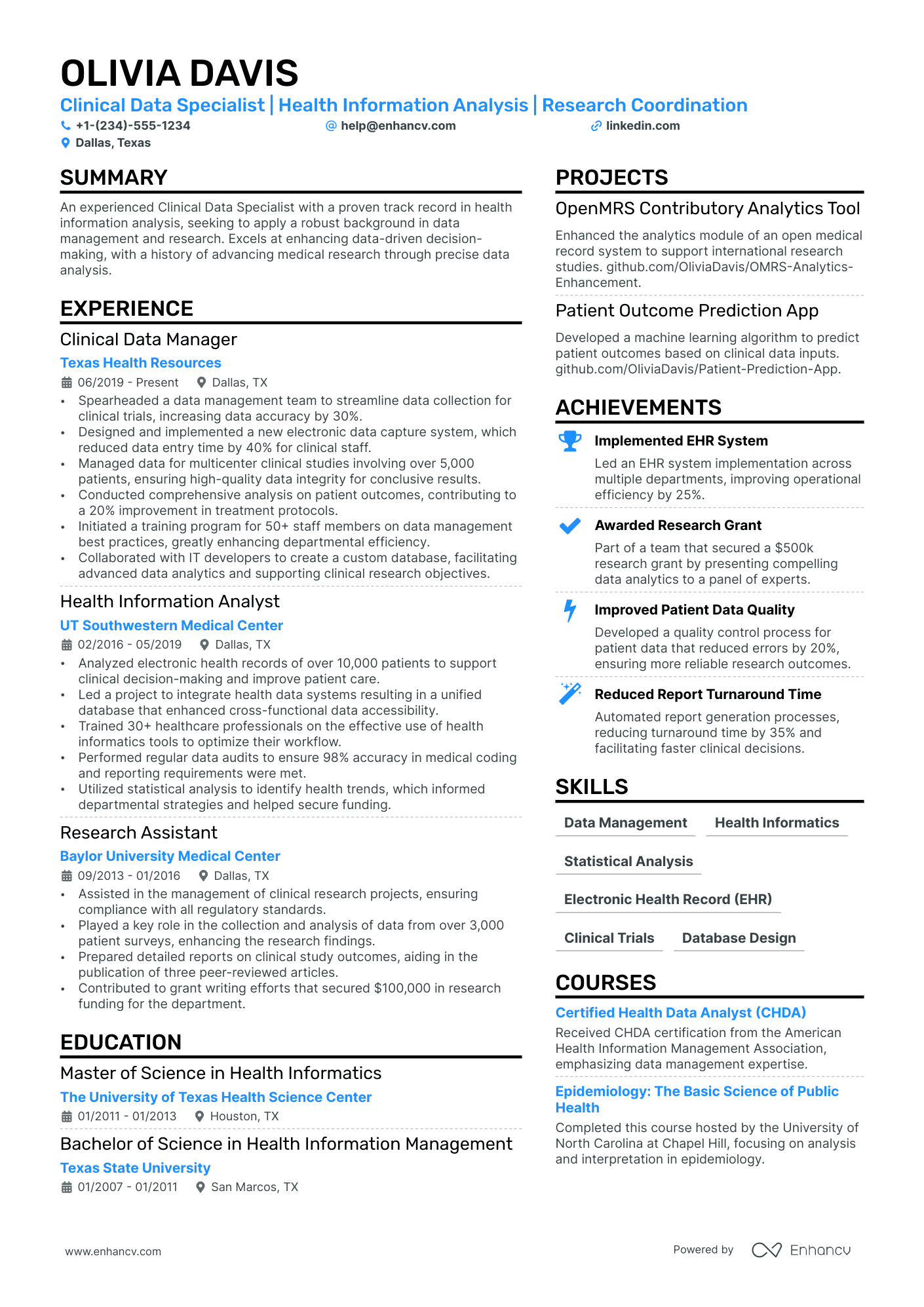 Clinical Data Analyst Resume Example