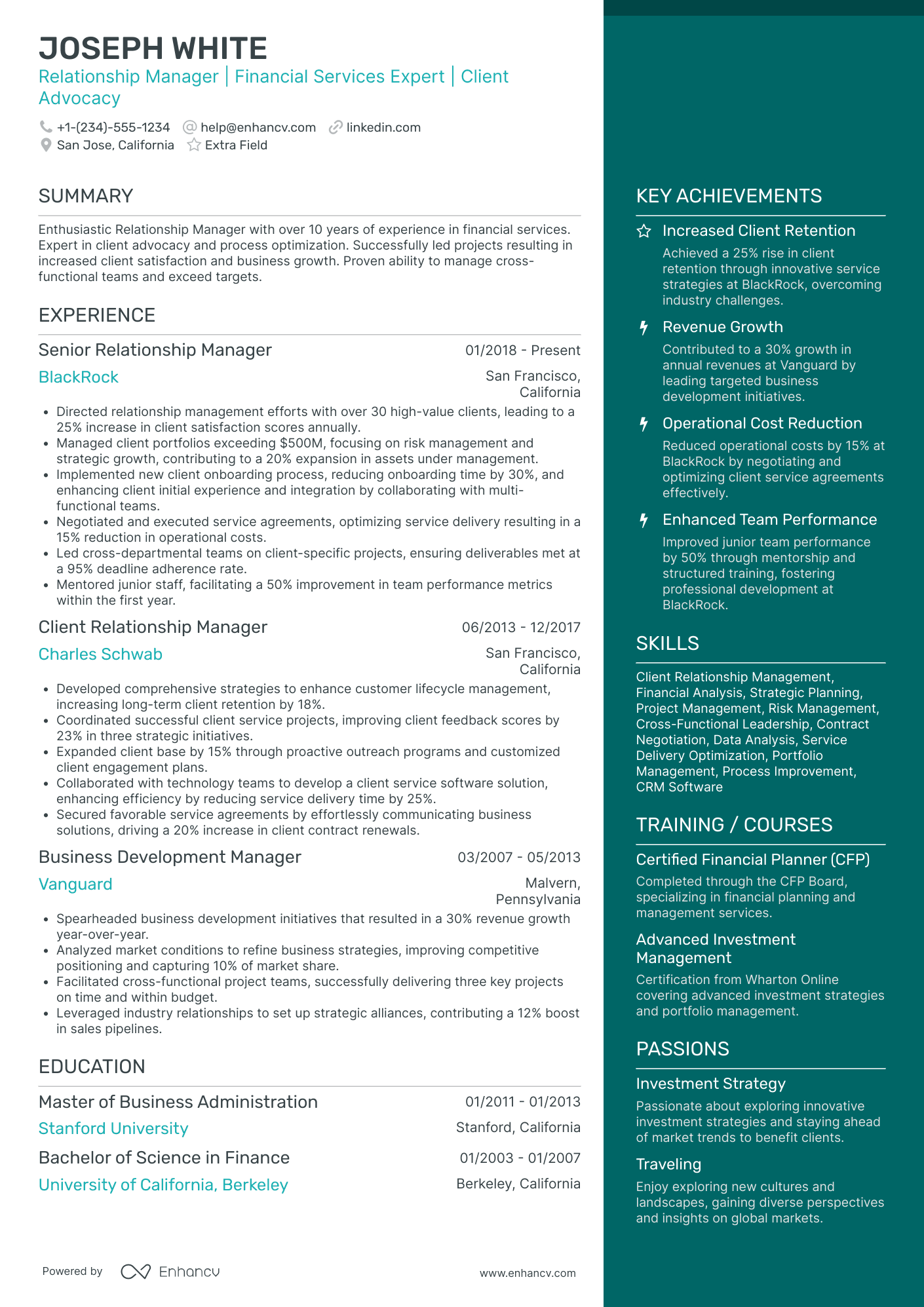 Investment Relationship Manager Resume Example