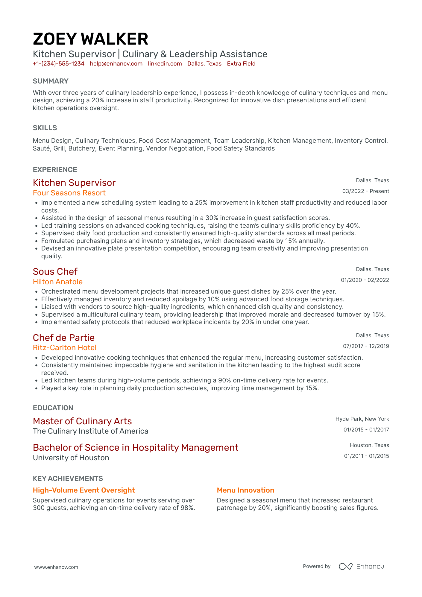 Culinary Supervisor Resume Example