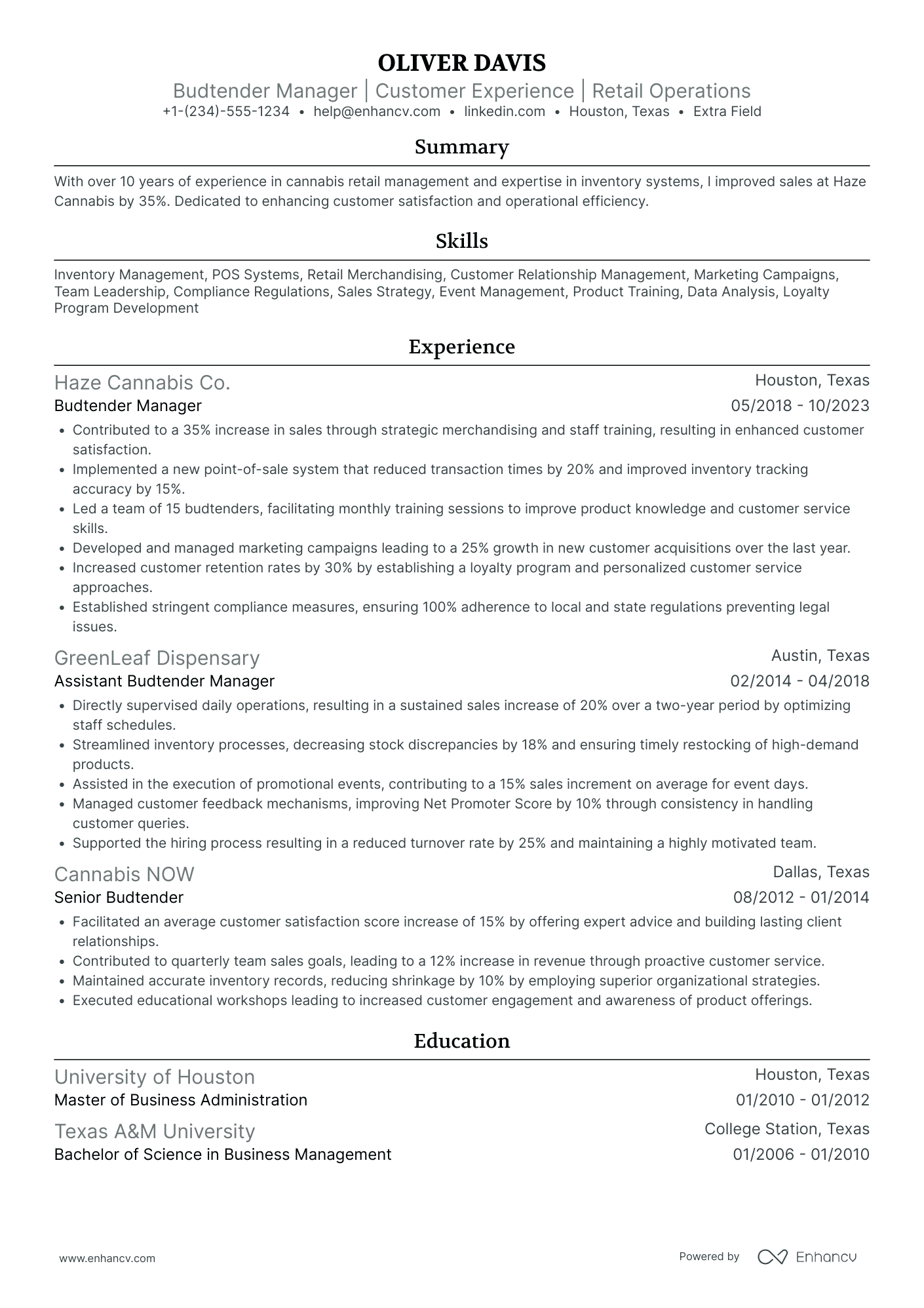 Budtender Manager Resume Example