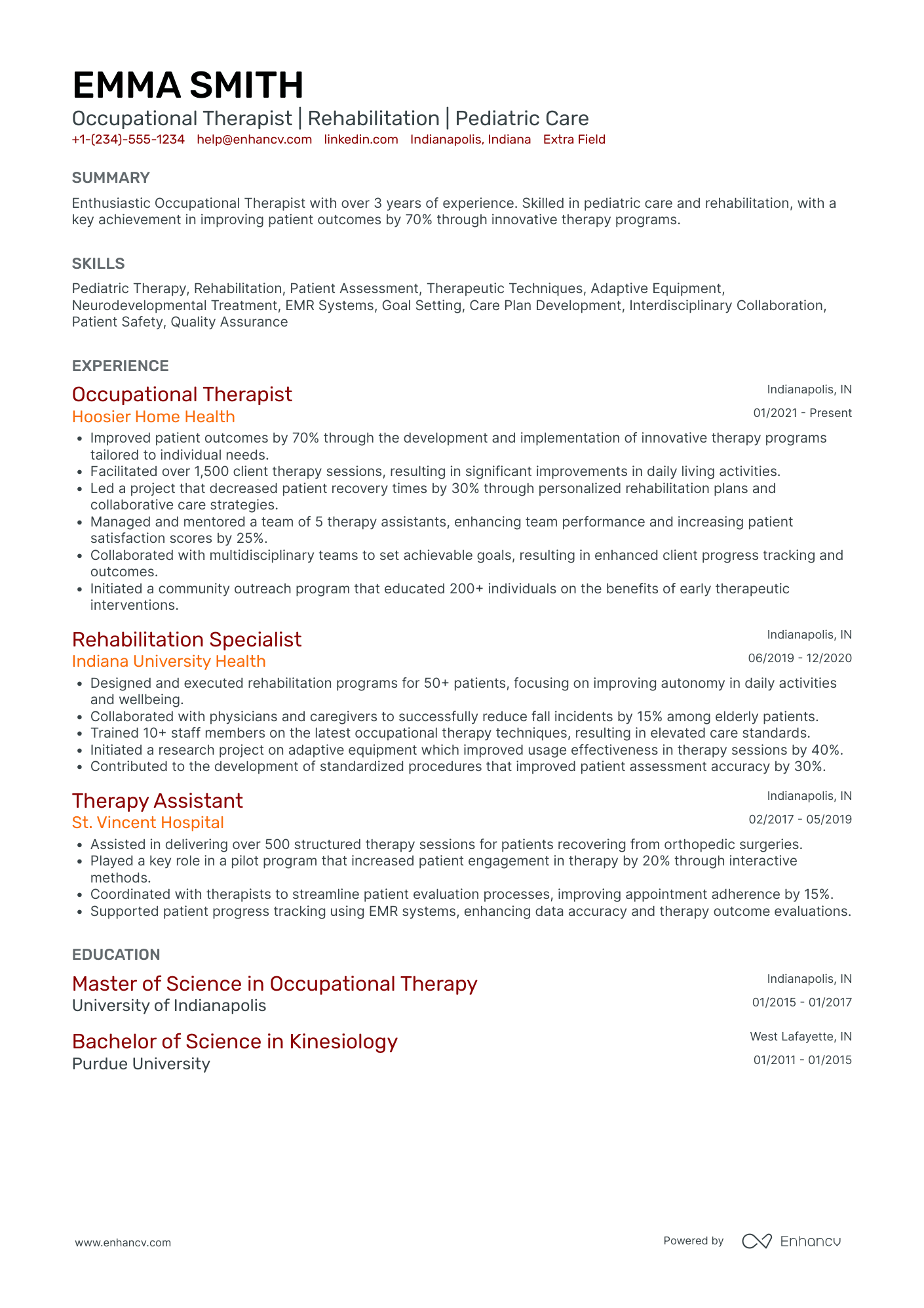 Entry Level Occupational Therapist Resume Example