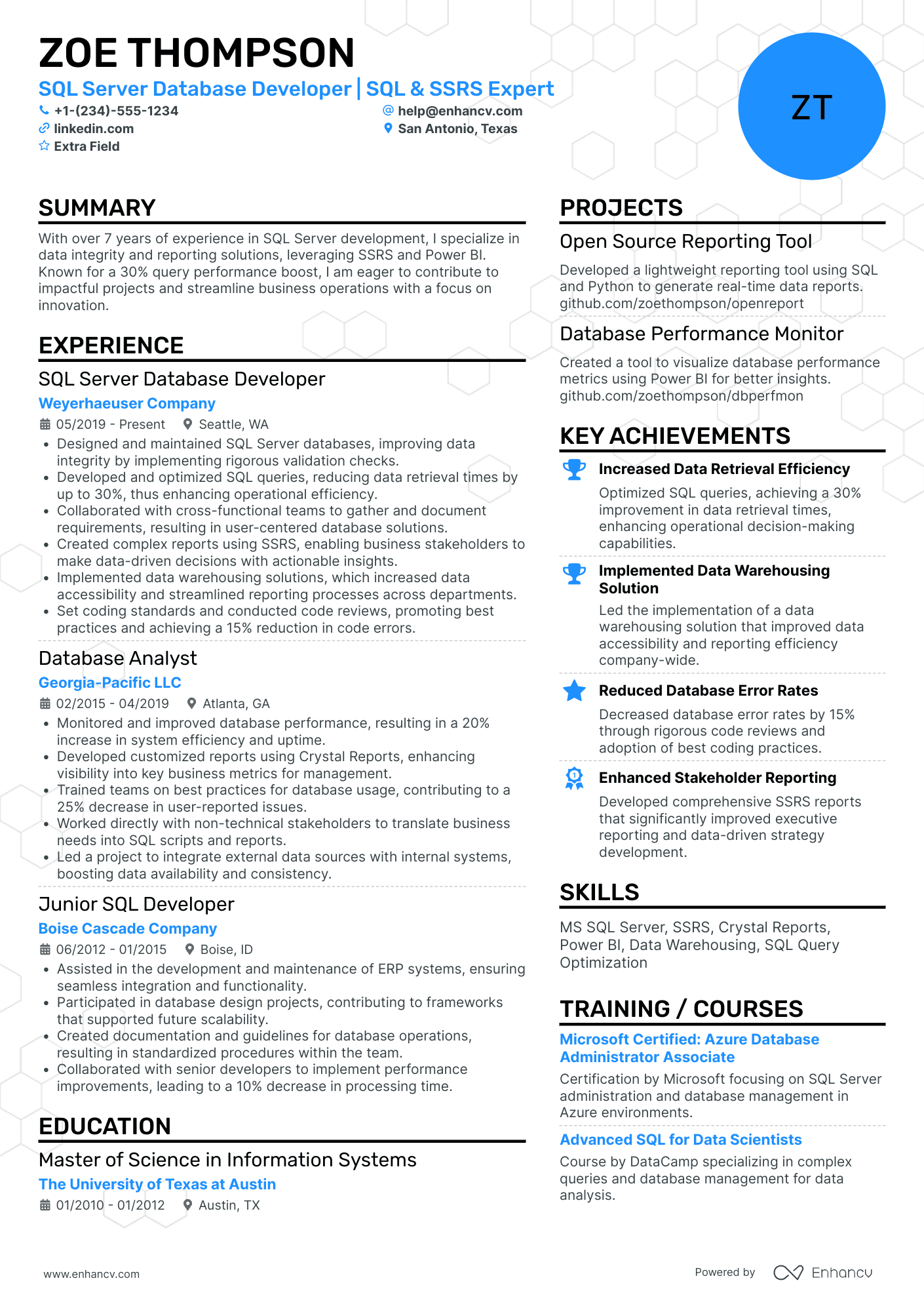 SQL Developer Project Manager Resume Example