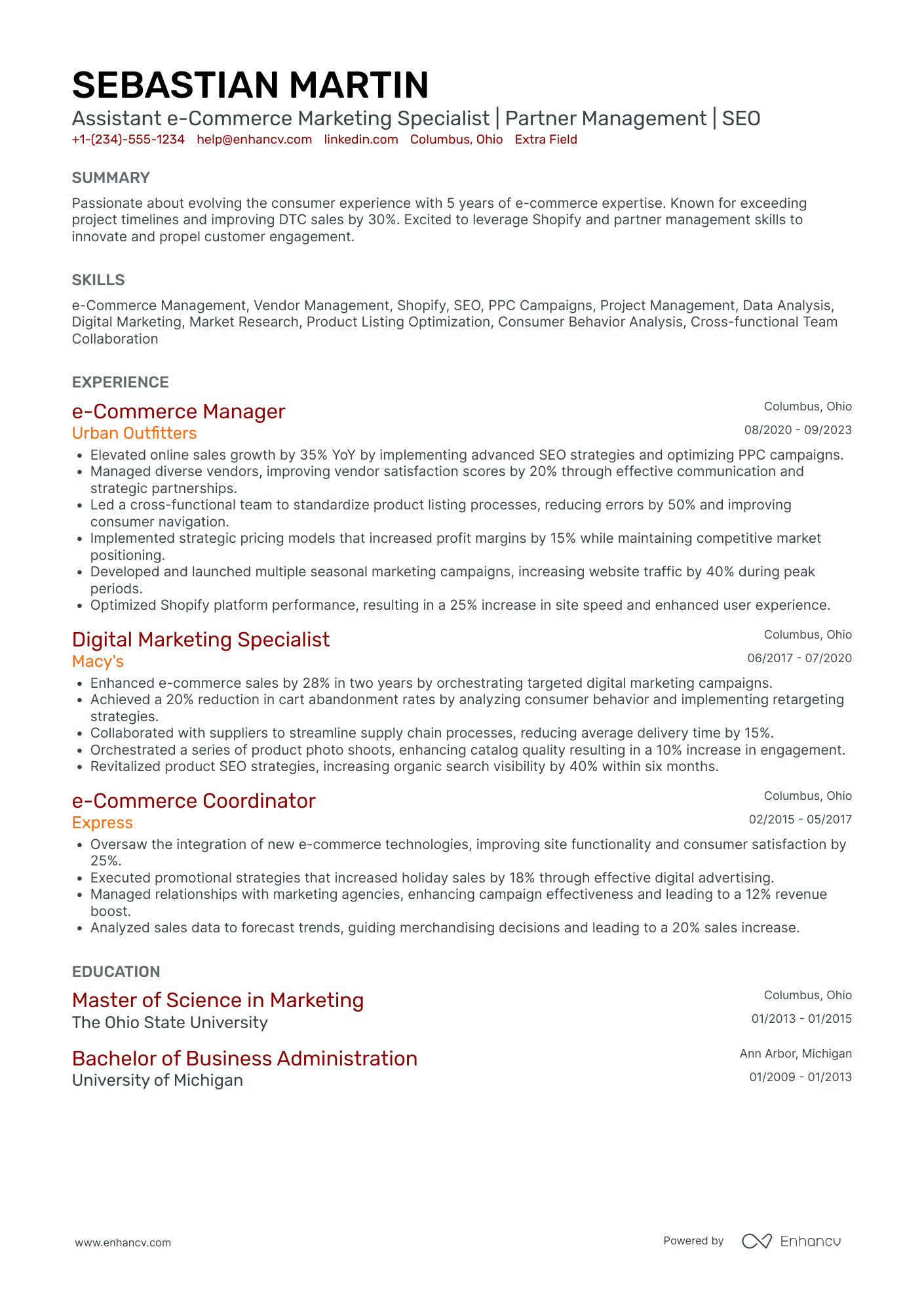 E commerce Marketing Specialist Resume Example