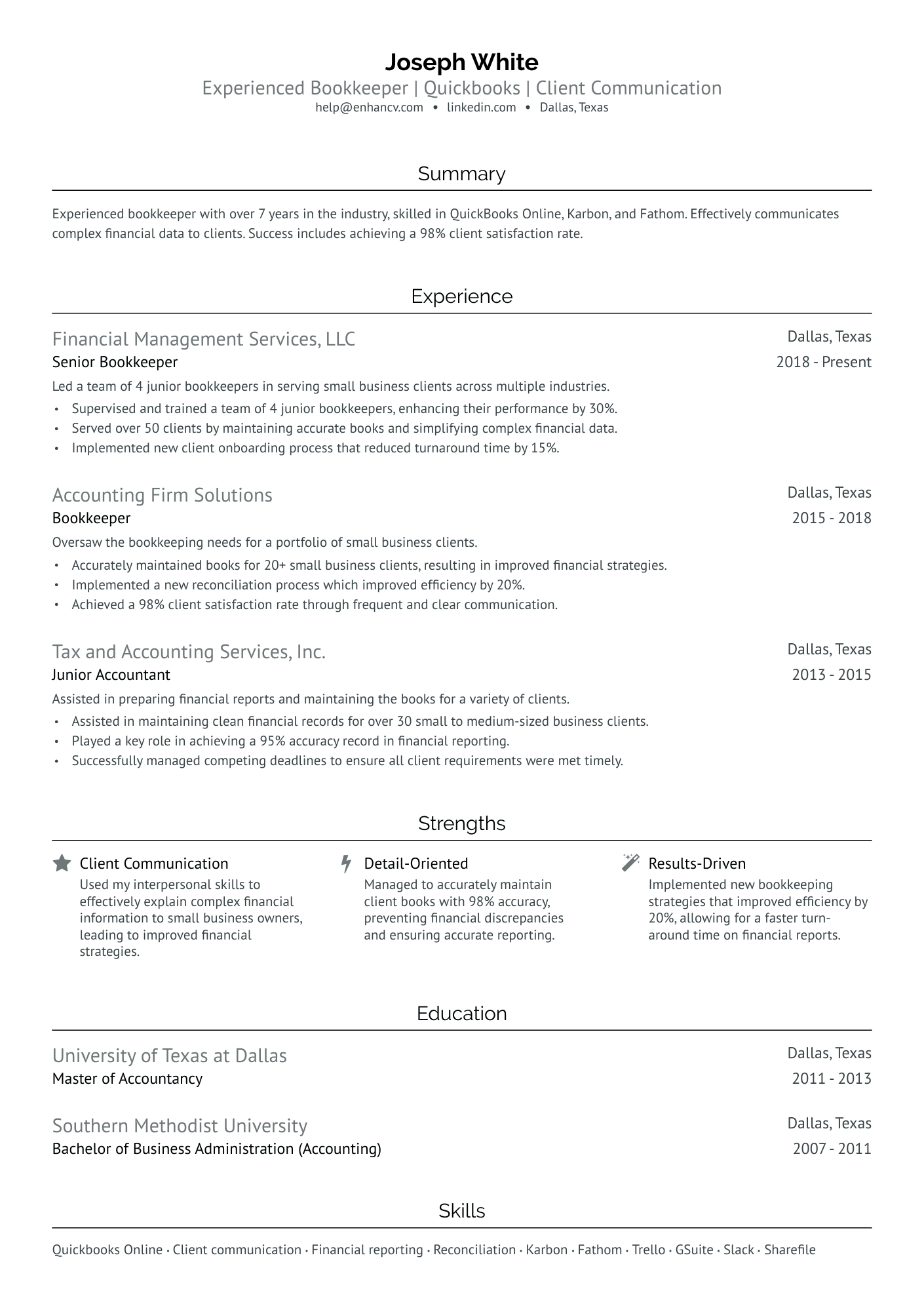 Full Charge Bookkeeper Resume Example