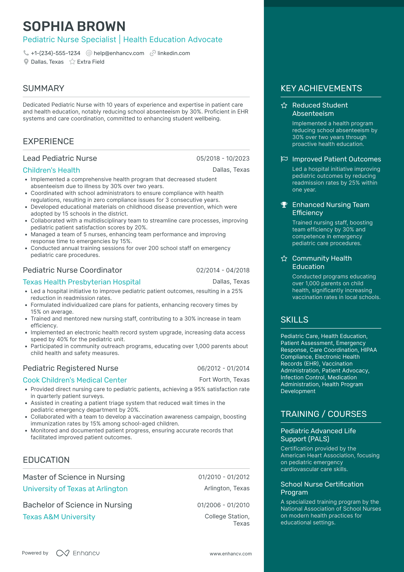 Pediatric School Nurse Resume Example