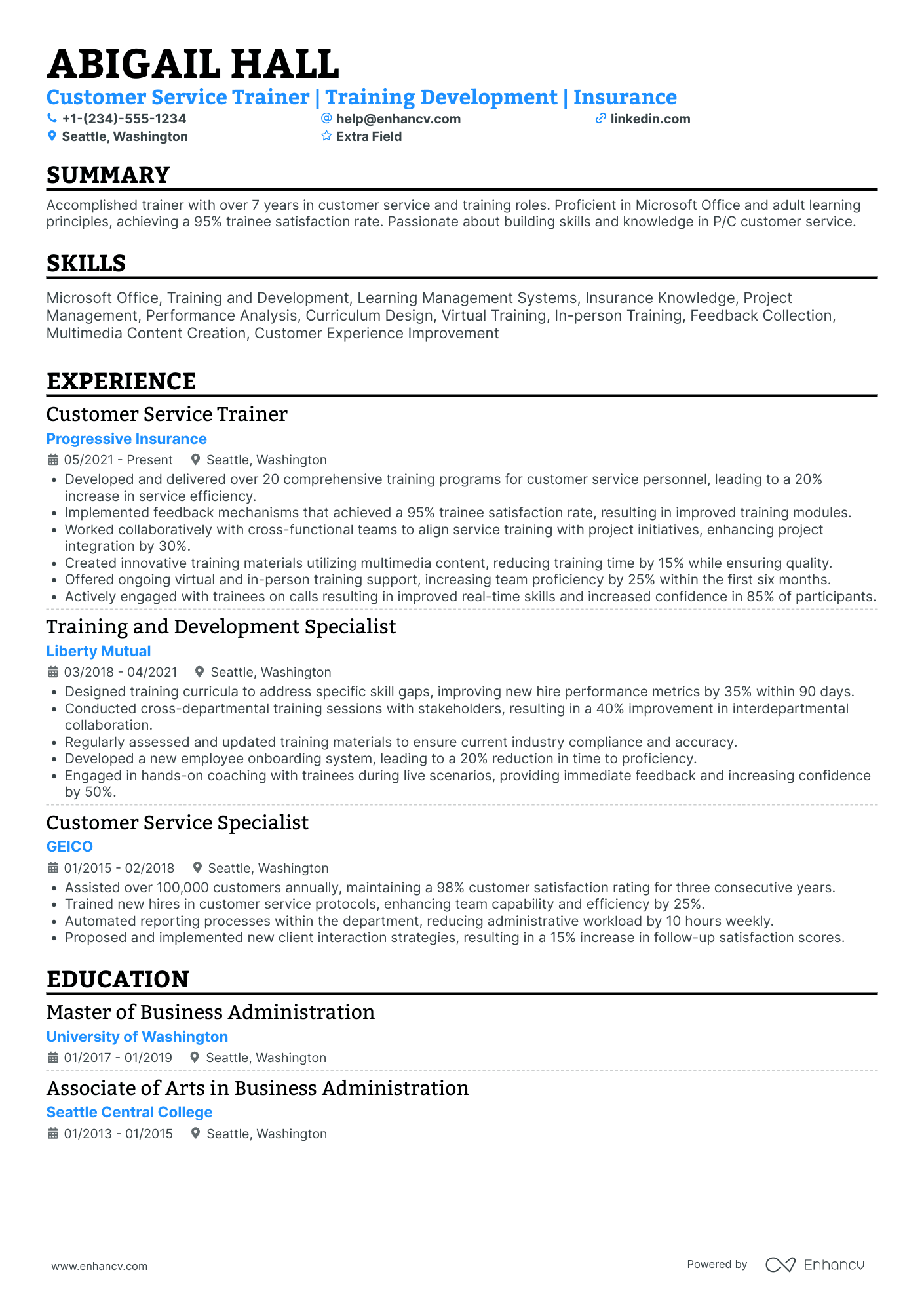 Customer Service Trainer Resume Example