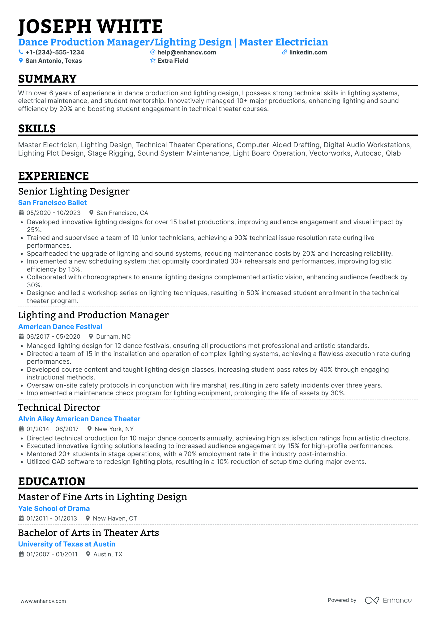 Dance Lighting Designer Resume Example