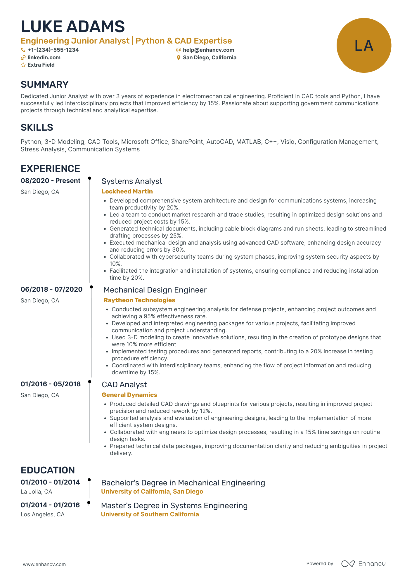 Entry Level Electrical Engineering Analyst Resume Example