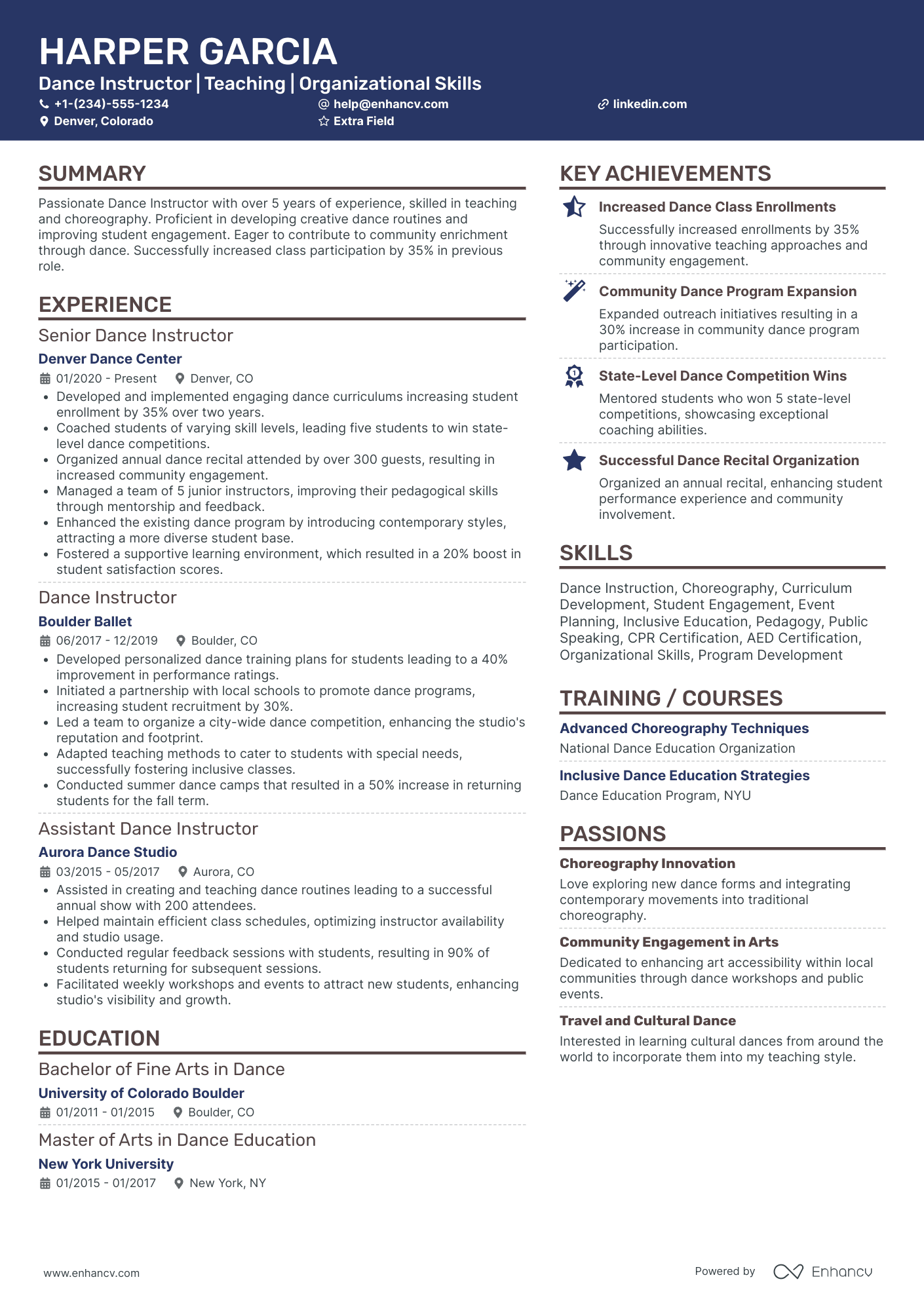 Dance Instructor Resume Example