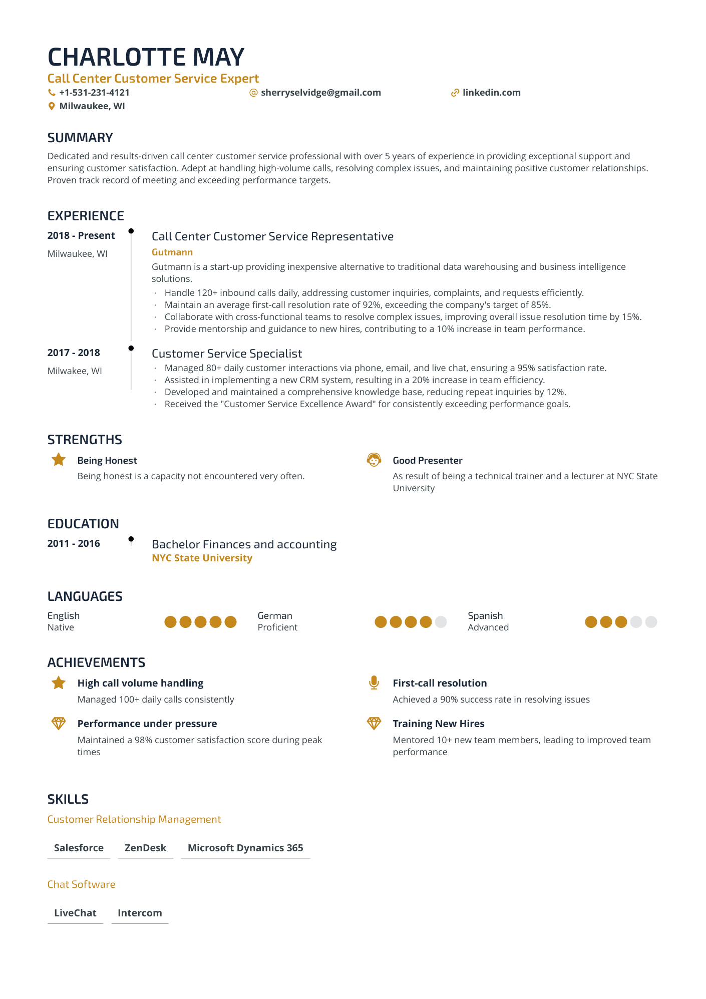 Call Center Customer Service Resume Example