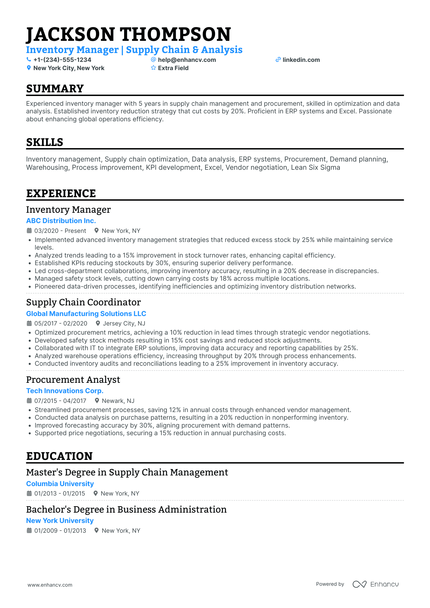 Inventory Operations Manager Resume Example